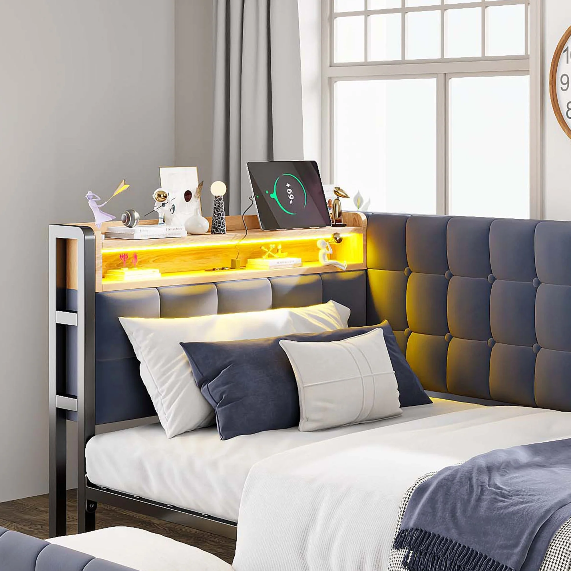 Upholstered Sofa Bed 90x200 Multifunctional LED USB/Type-C Drawers Grey - Image 7