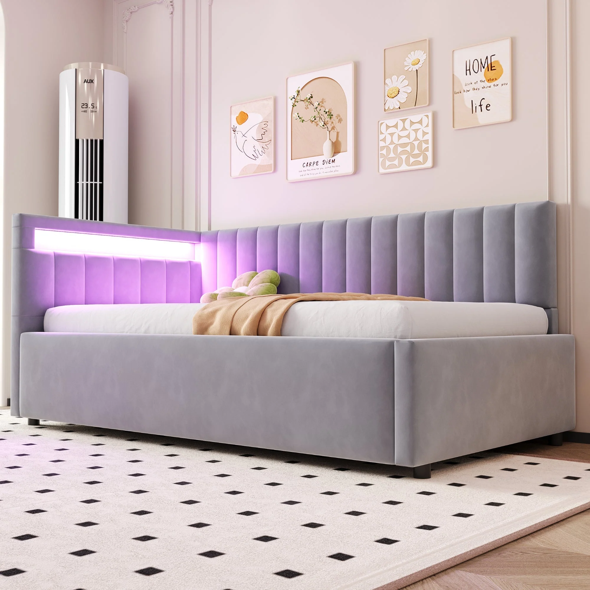 Upholstered Sofa Bed 90x200 with LED Lighting & Hydraulic Storage, Light Grey Velvet - Image 2