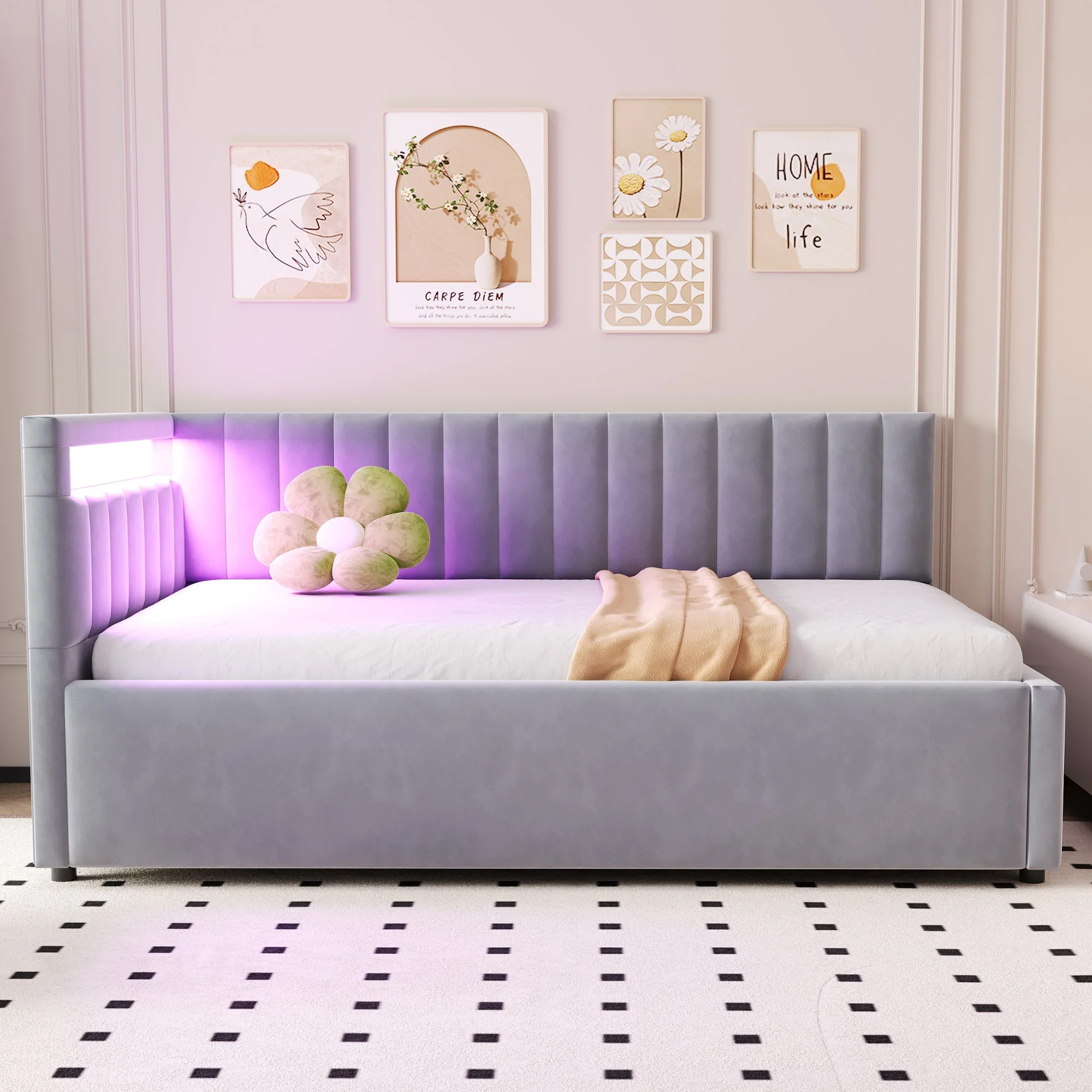 Upholstered Sofa Bed 90x200 with LED Lighting & Hydraulic Storage, Light Grey Velvet - Image 3