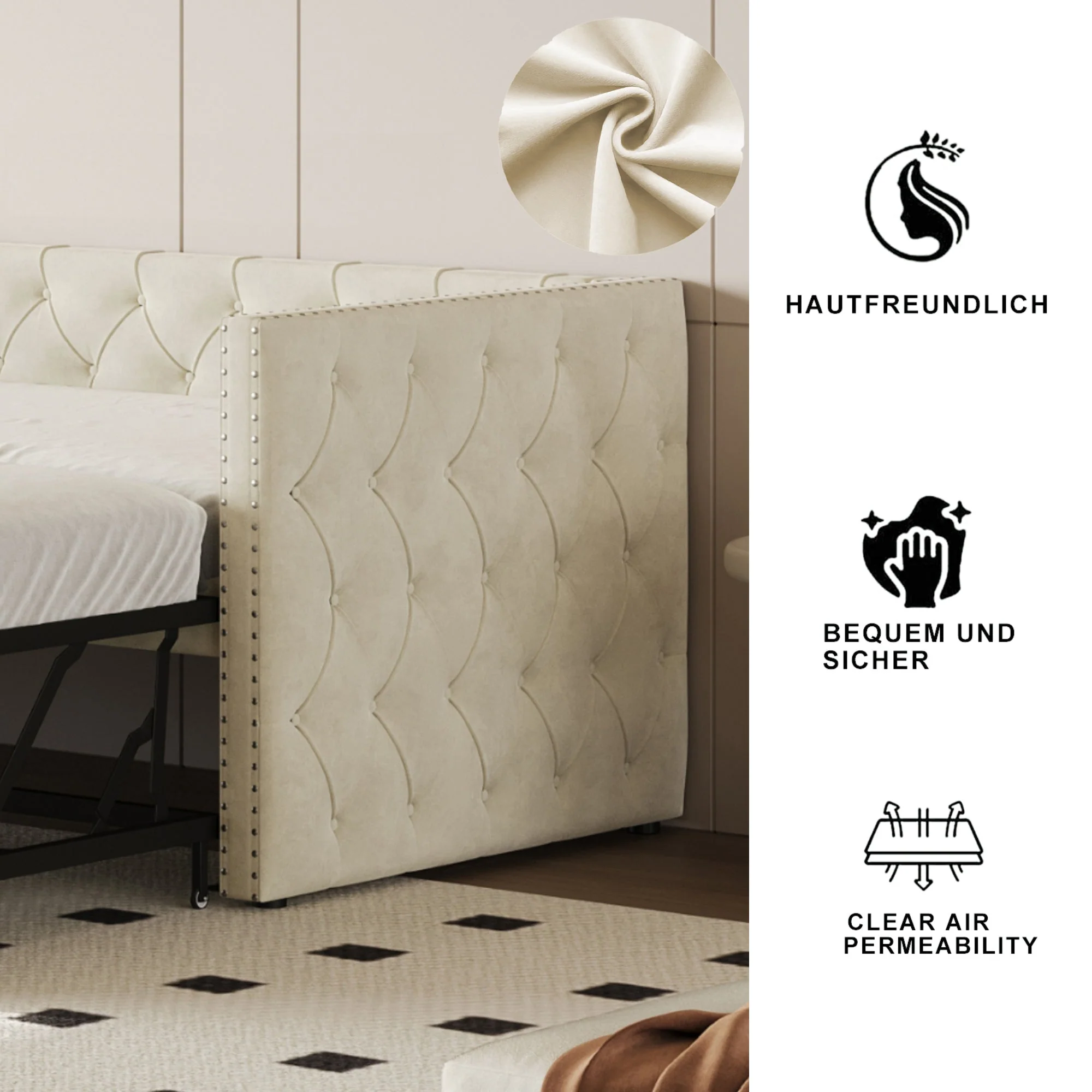 Upholstered Sofa Bed 90x200cm Extendable Guest Bed - Velvet Beige - Image 4