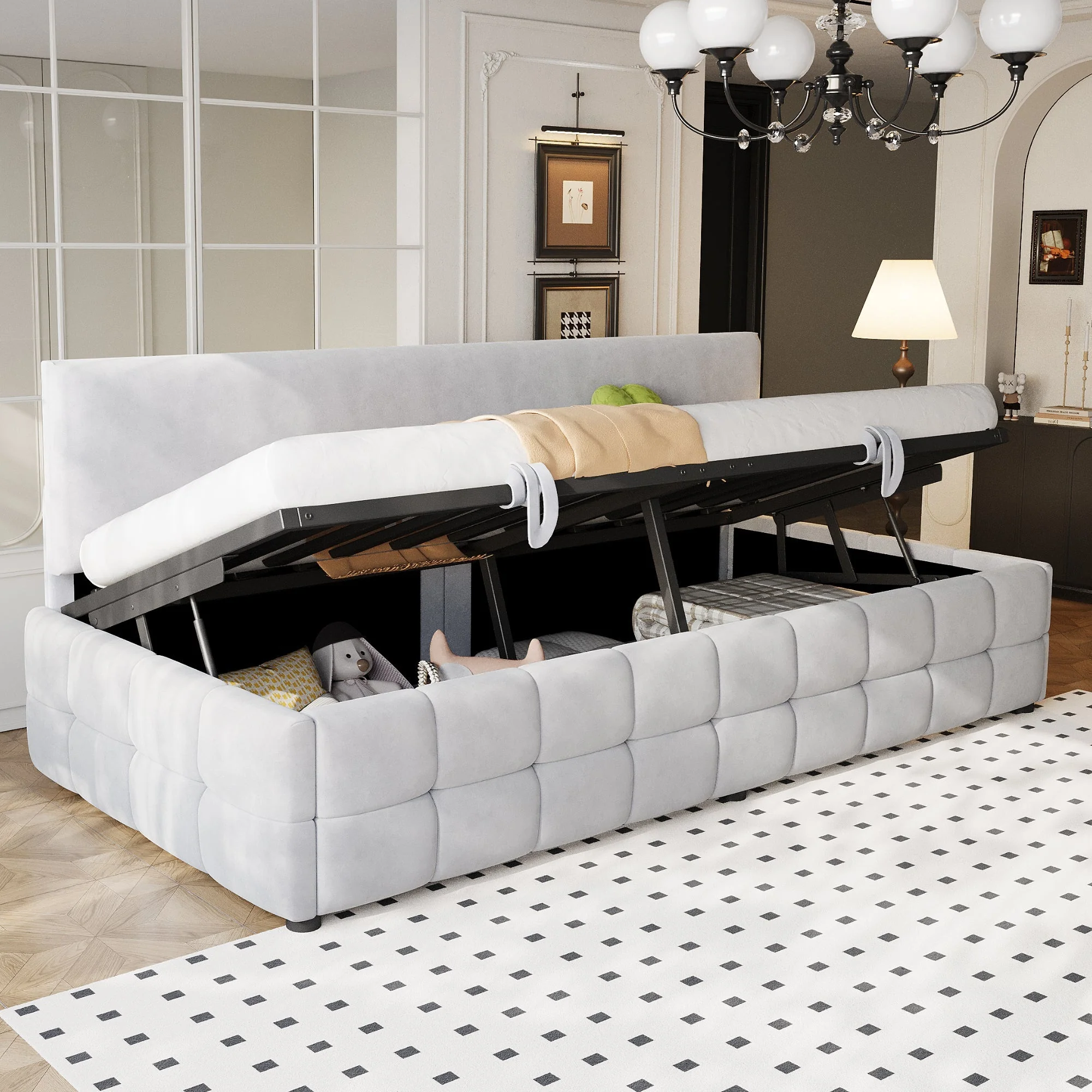 Upholstered Sofa Bed 90x200cm Hydraulic Storage Classic Check Pattern Light Grey Velvet - Image 3