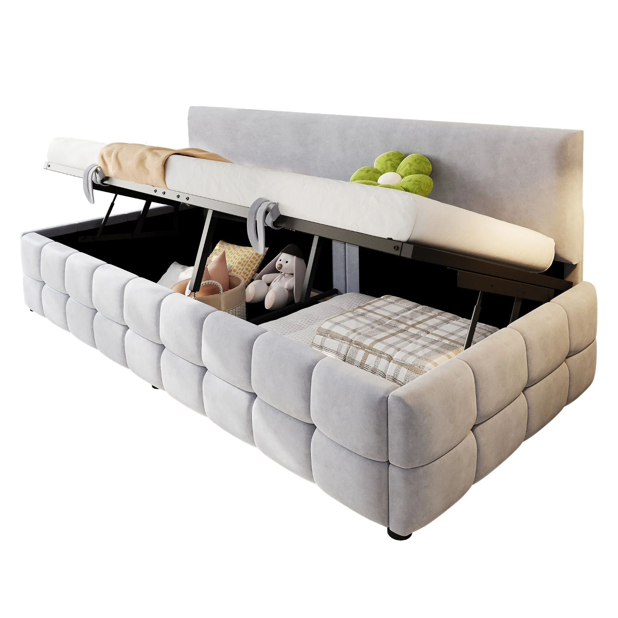 Upholstered Sofa Bed 90x200cm Hydraulic Storage Classic Check Pattern Light Grey Velvet - Image 7