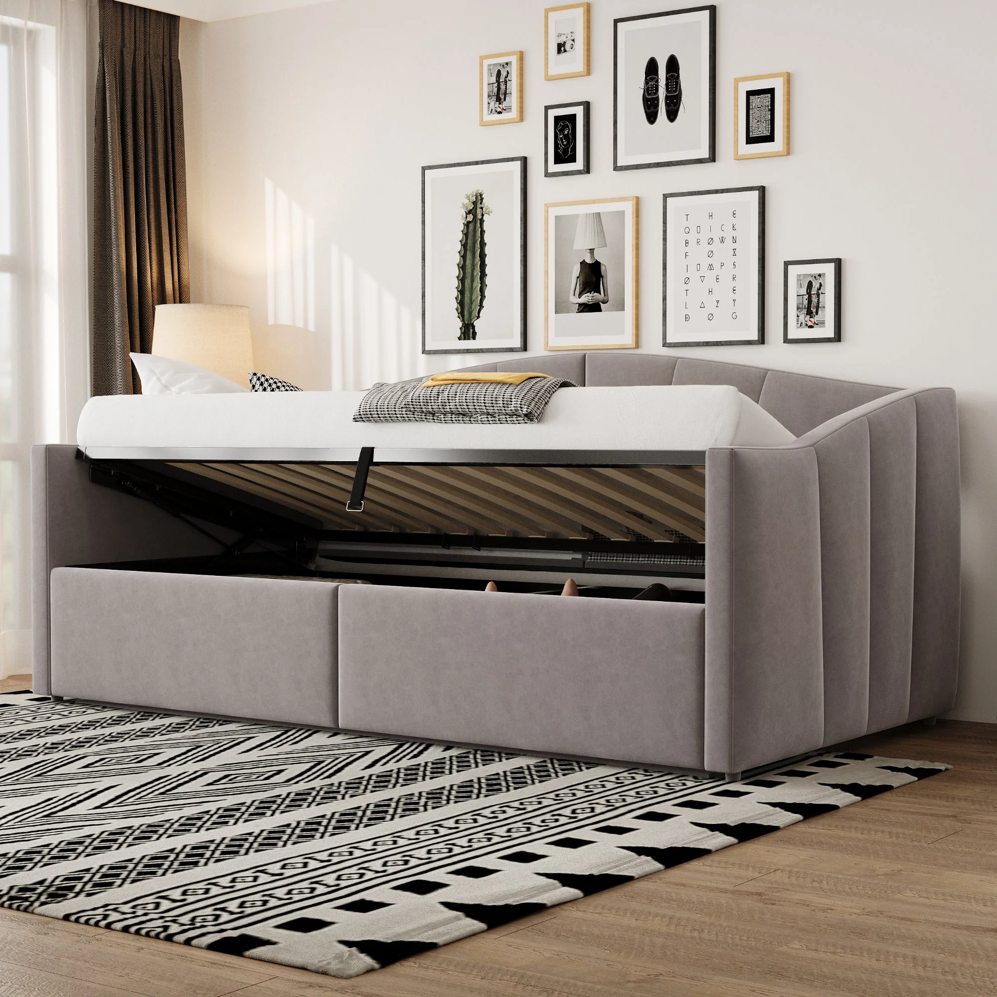 Upholstered Sofa Bed 90x200cm Hydraulic Storage Multifunctional Striped with Armrests Velvet Light Grey - Image 2
