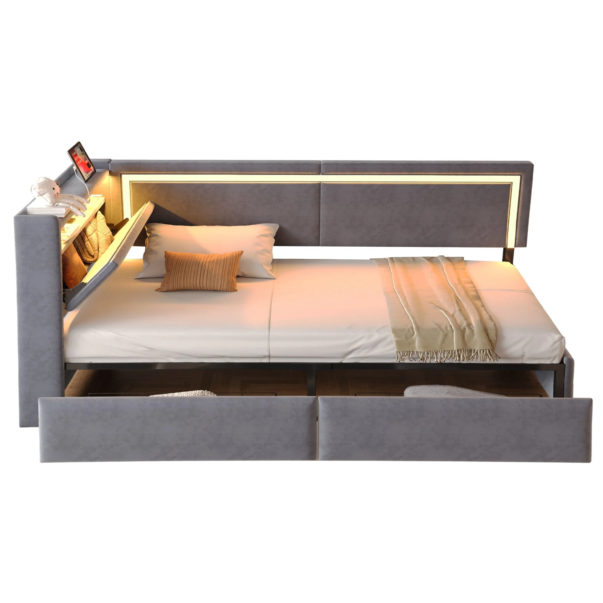 Upholstered Sofa Bed 90x200cm with LED & USB Headboard Storage Drawer Dark Grey Velvet - Image 10