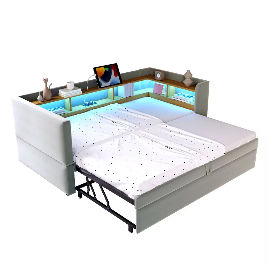 Upholstered Sofa Bed Extendable 90/180x190cm LED Lights Storage Light Grey - Image 7