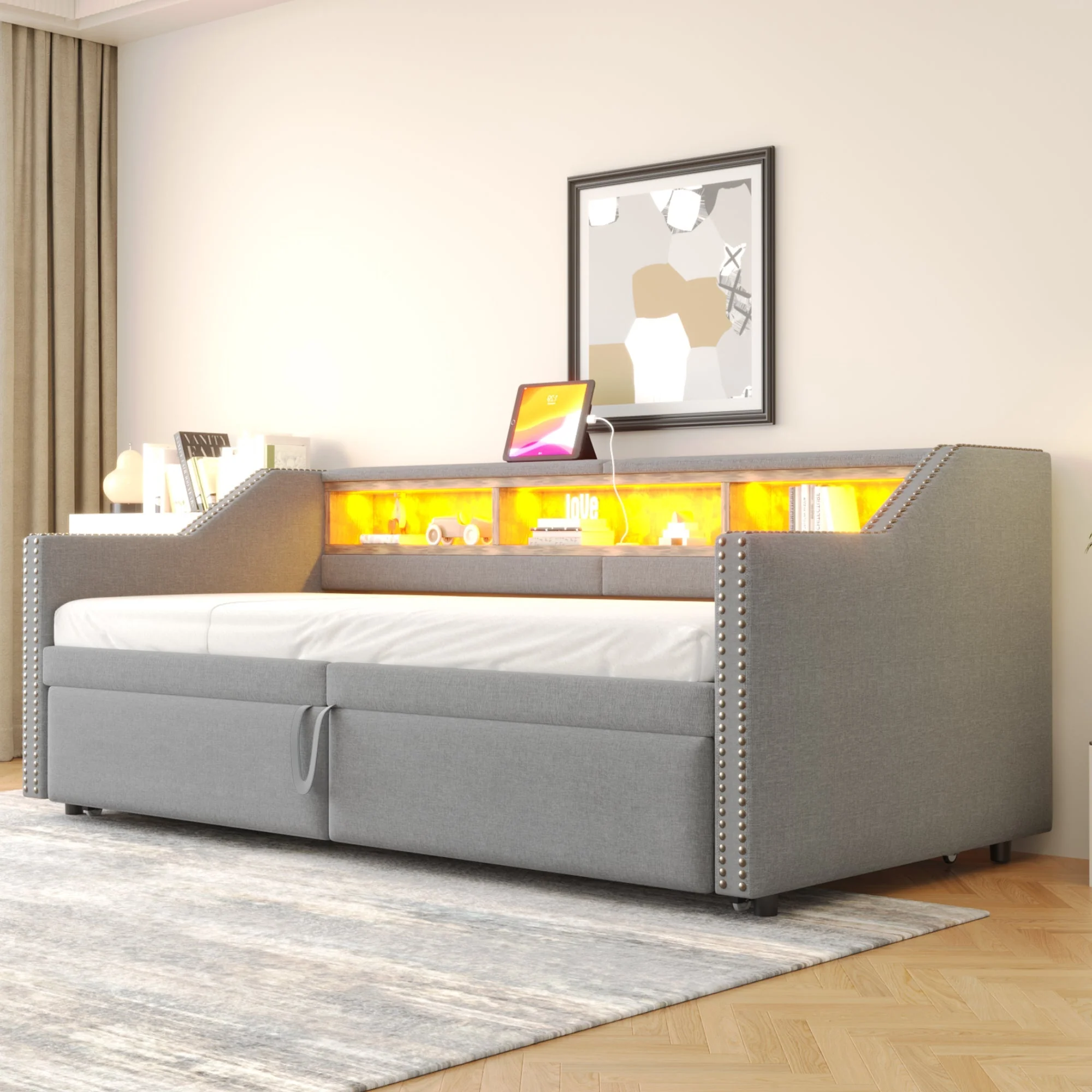Upholstered Sofa Bed Extendable 90/180x200cm Storage LED USB - Light Grey - Image 3