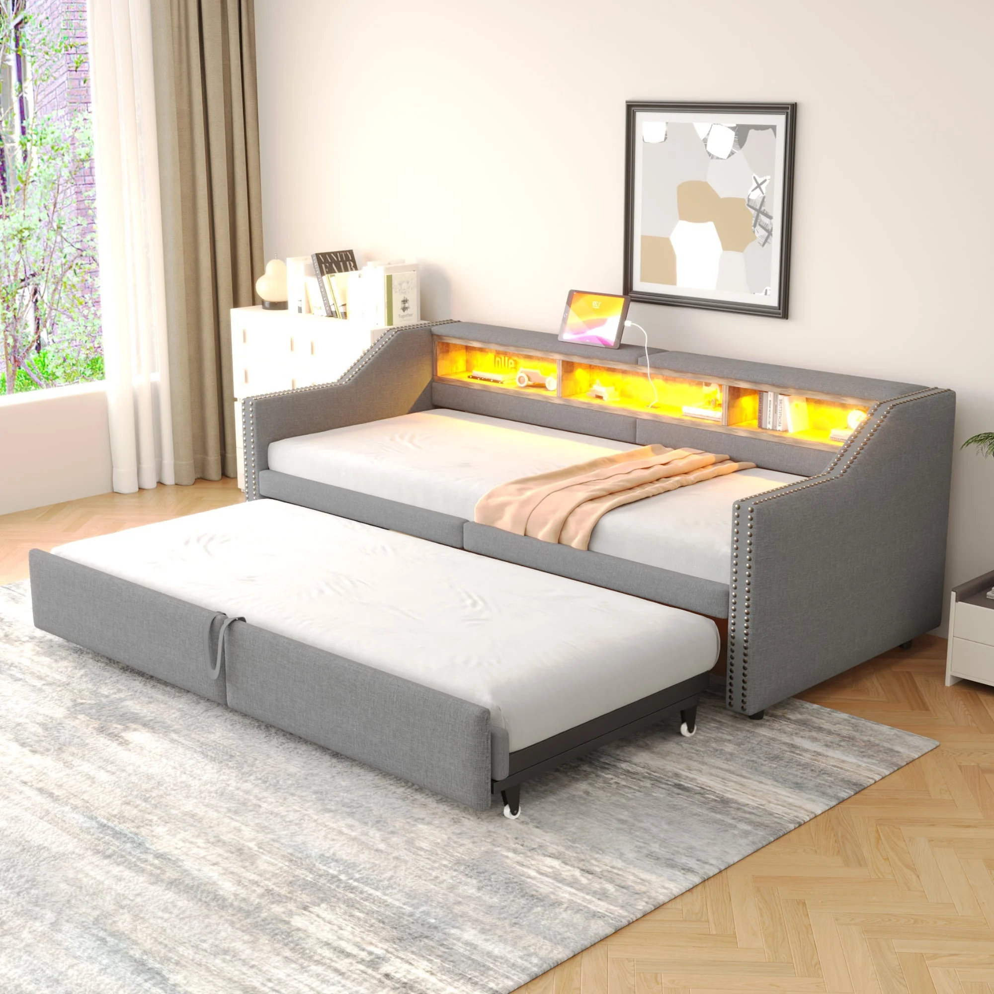 Upholstered Sofa Bed, Pull-Out with Storage, LED & USB, Light Grey - Image 2