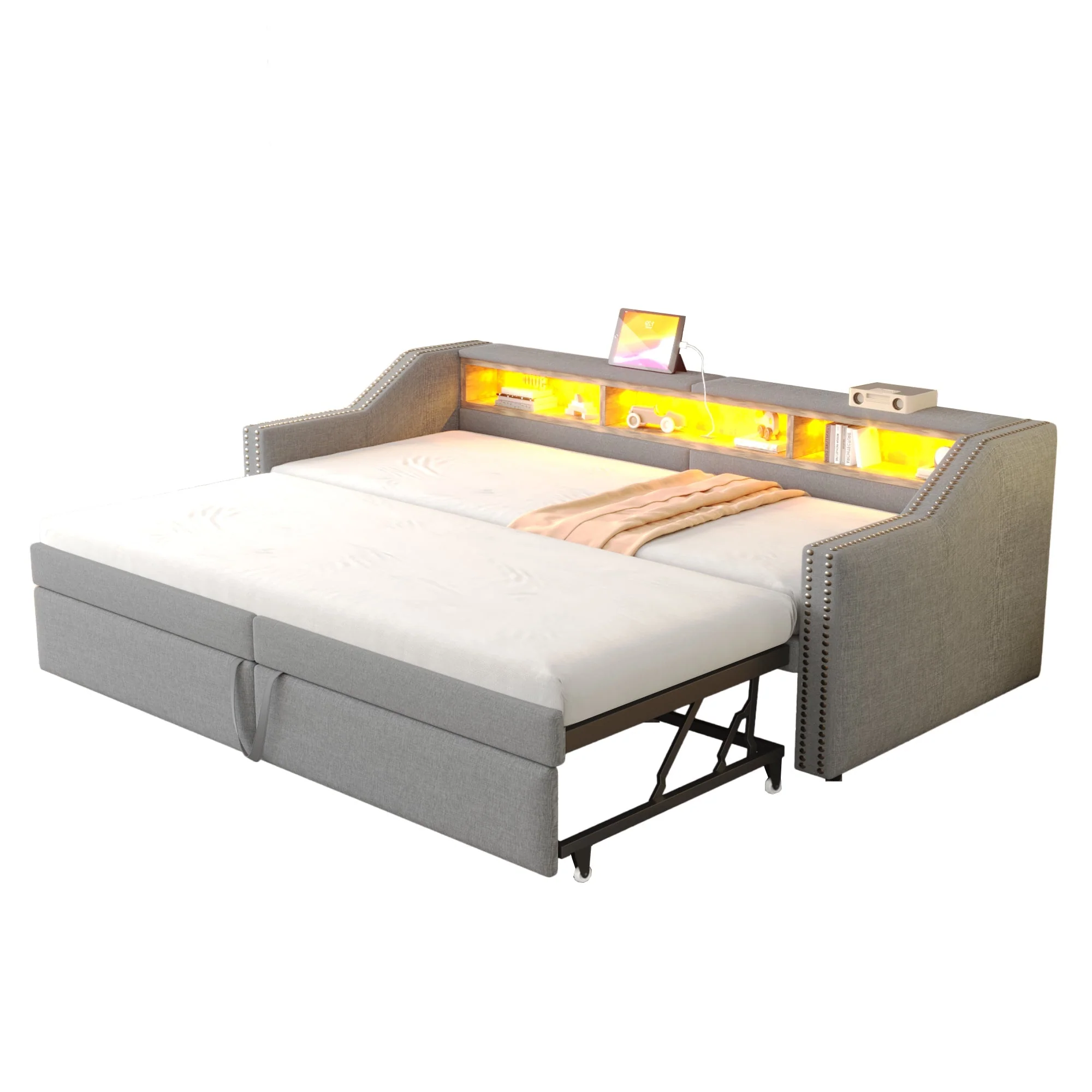 Upholstered Sofa Bed, Pull-Out with Storage, LED & USB, Light Grey - Image 4