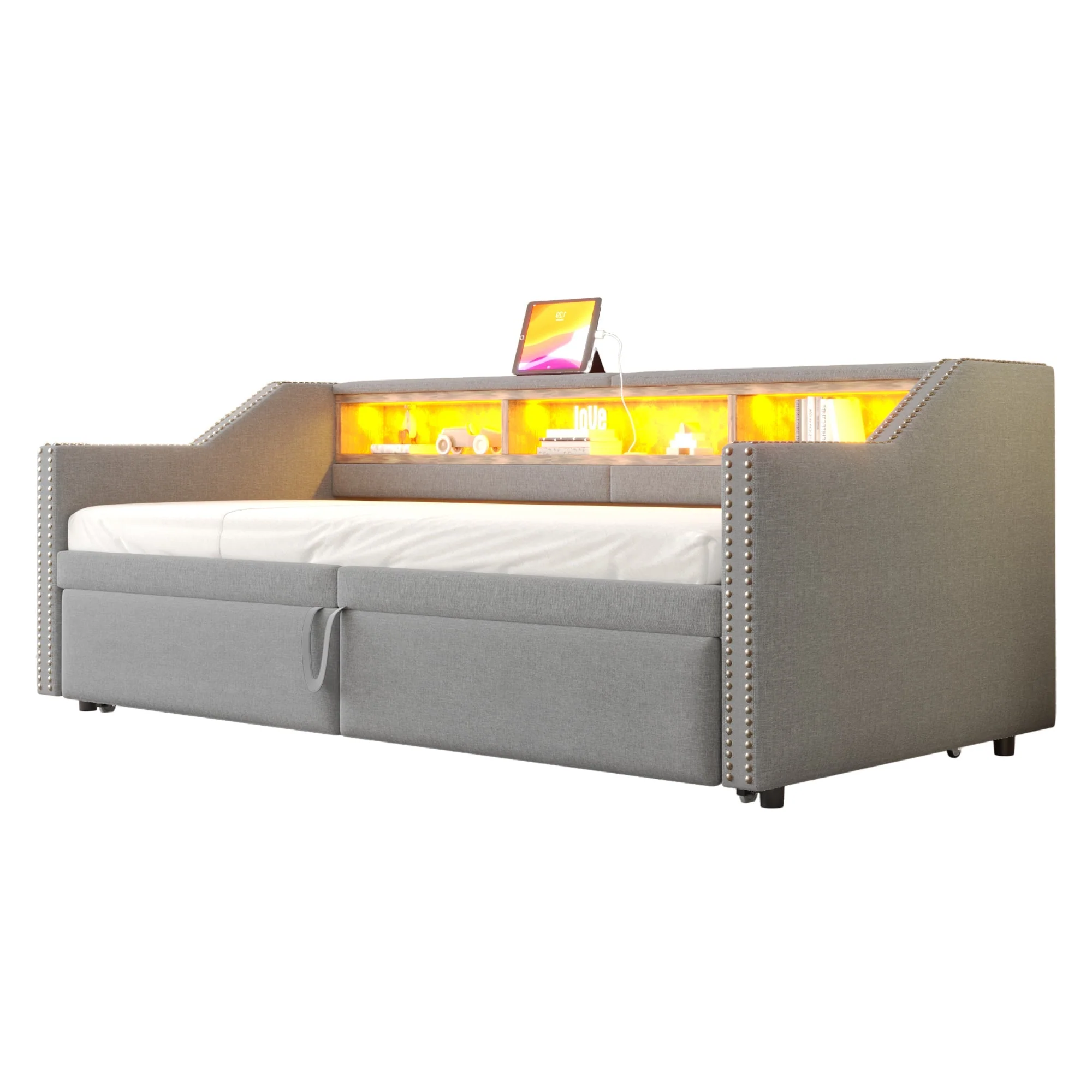 Upholstered Sofa Bed, Pull-Out with Storage, LED & USB, Light Grey - Image 5