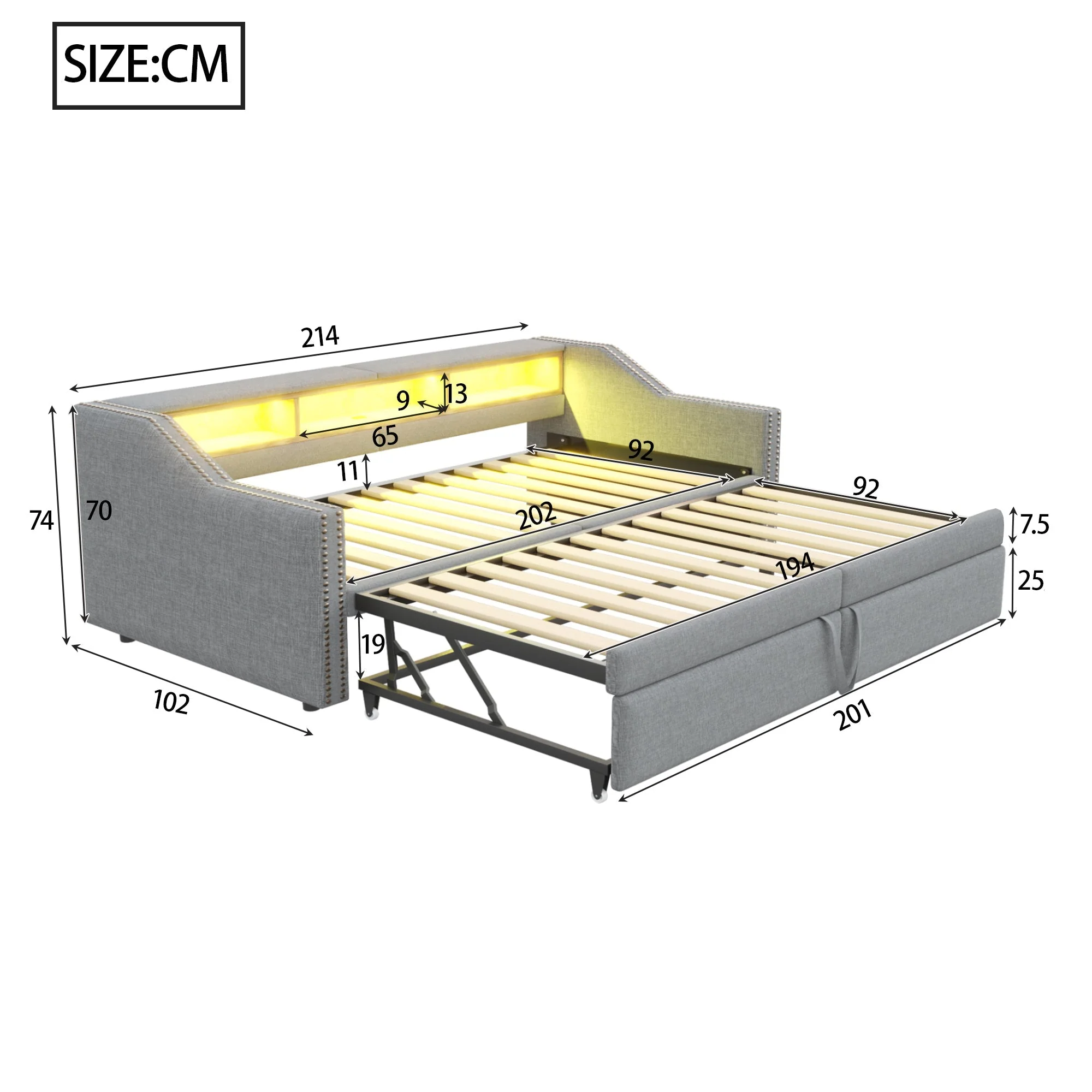 Upholstered Sofa Bed, Pull-Out with Storage, LED & USB, Light Grey - Image 6