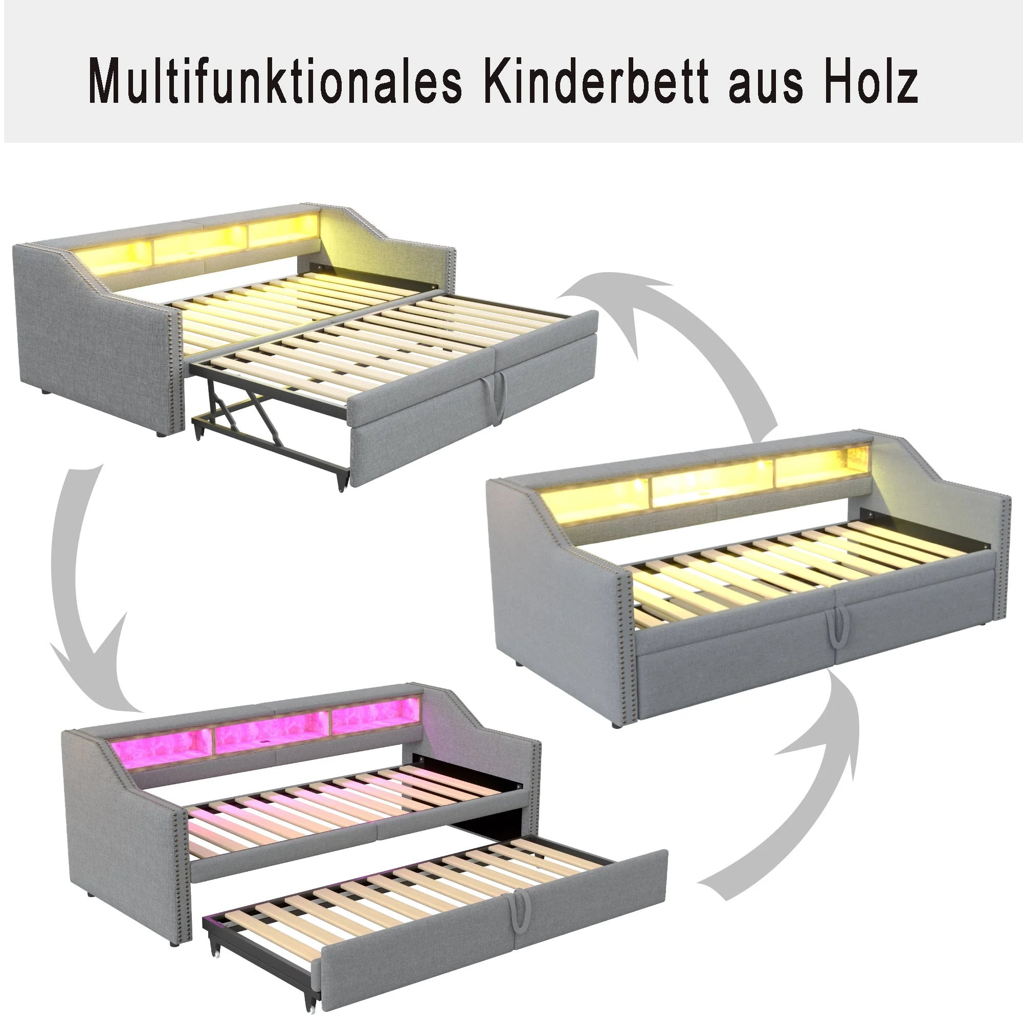 Upholstered Sofa Bed, Pull-Out with Storage, LED & USB, Light Grey - Image 7