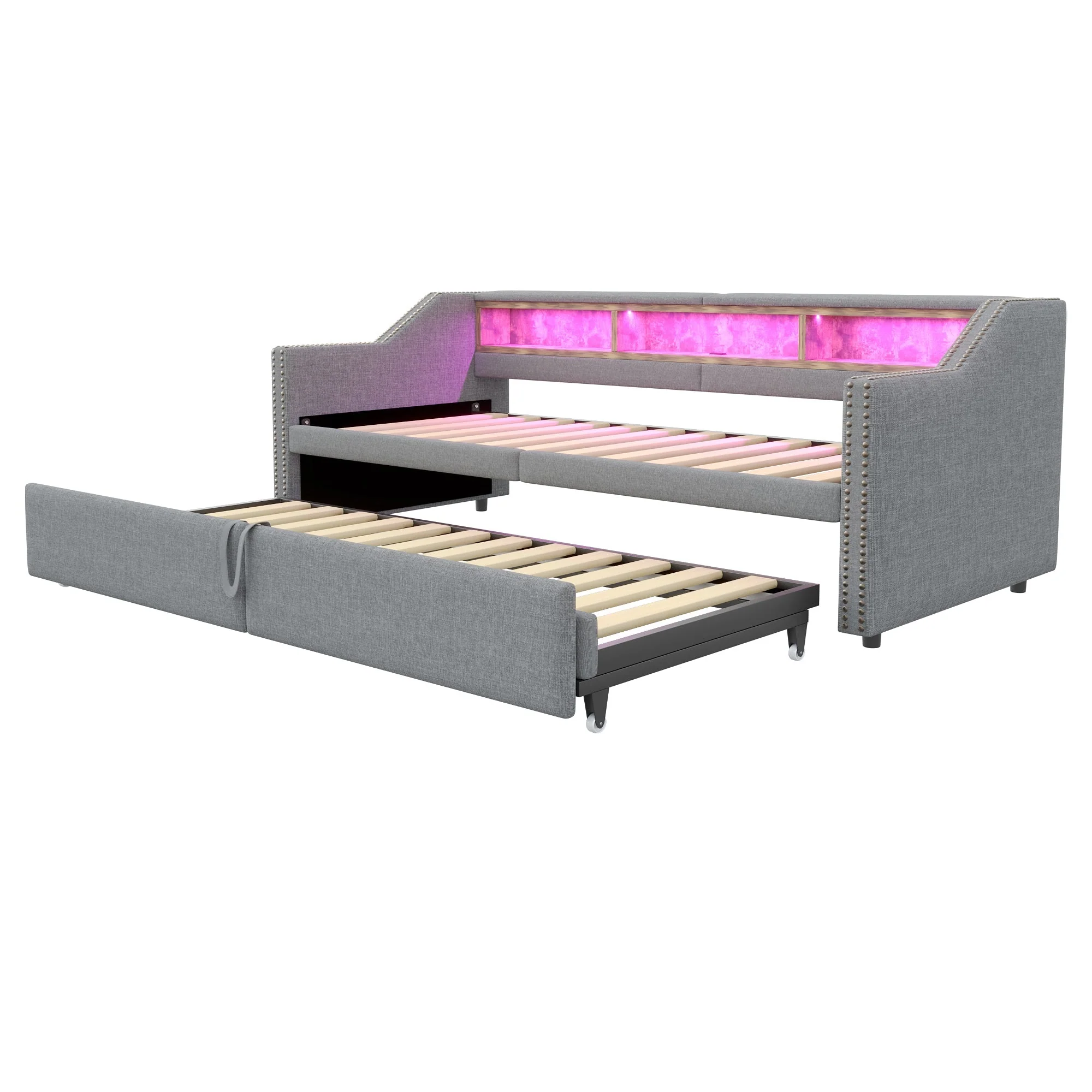 Upholstered Sofa Bed, Pull-Out with Storage, LED & USB, Light Grey - Image 9