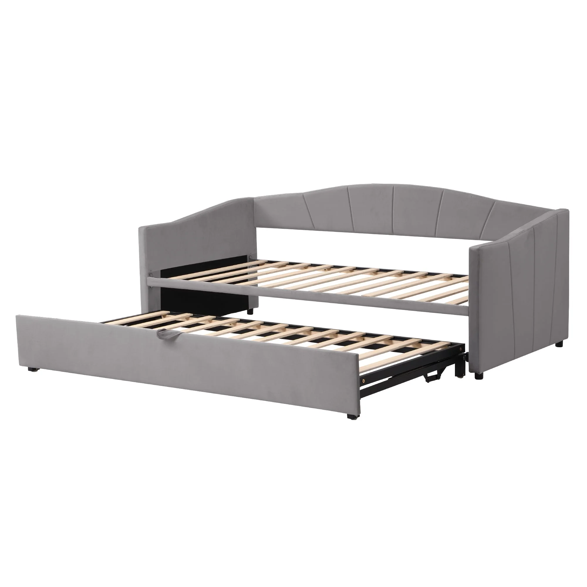 Upholstered Sofa Bed with Extendable Frame and Slatted Base, Velvet Grey/Beige - Image 10