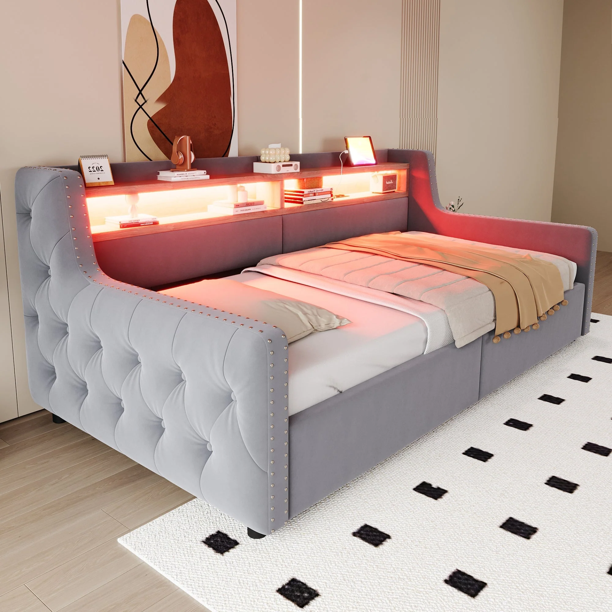 Upholstered Sofa Bed with Hydraulic Storage, LED, and Charging Port, 90x200cm, Light Grey - Image 3