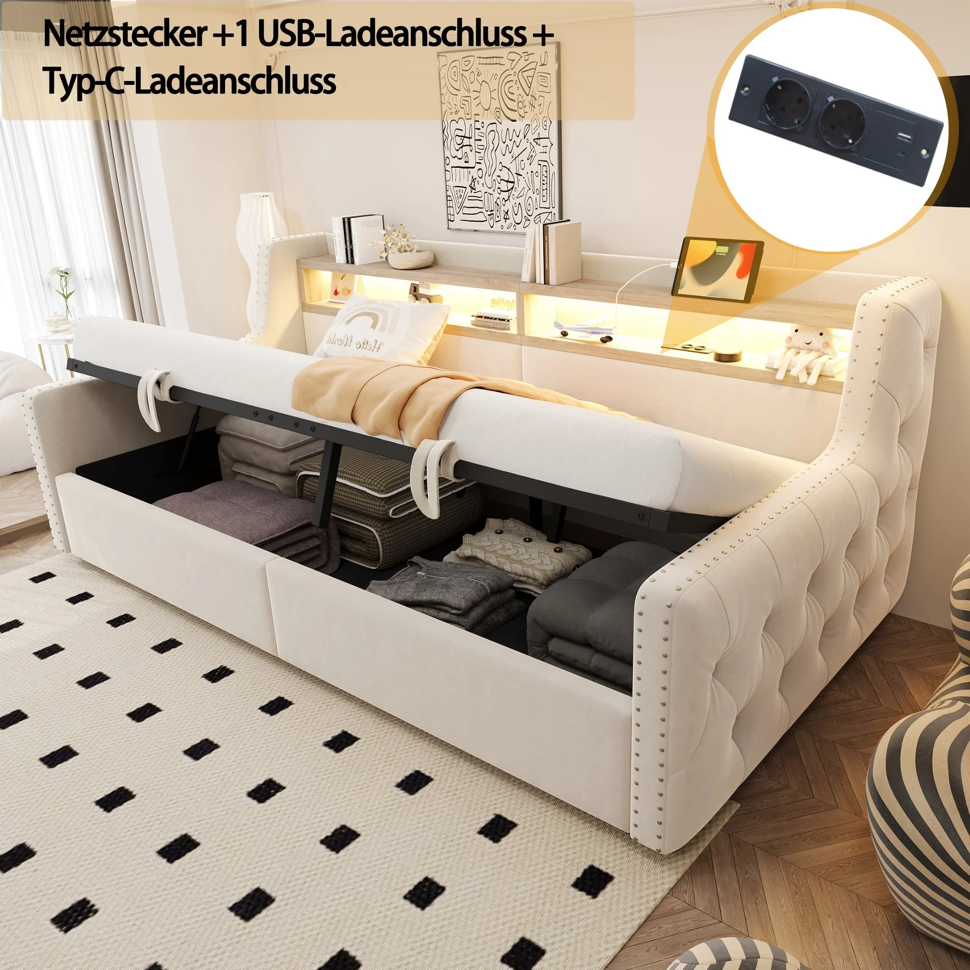 Upholstered Sofa Bed with Hydraulic Storage, LED Lighting and Charging Station, 90x200cm, Beige Velvet - Image 6