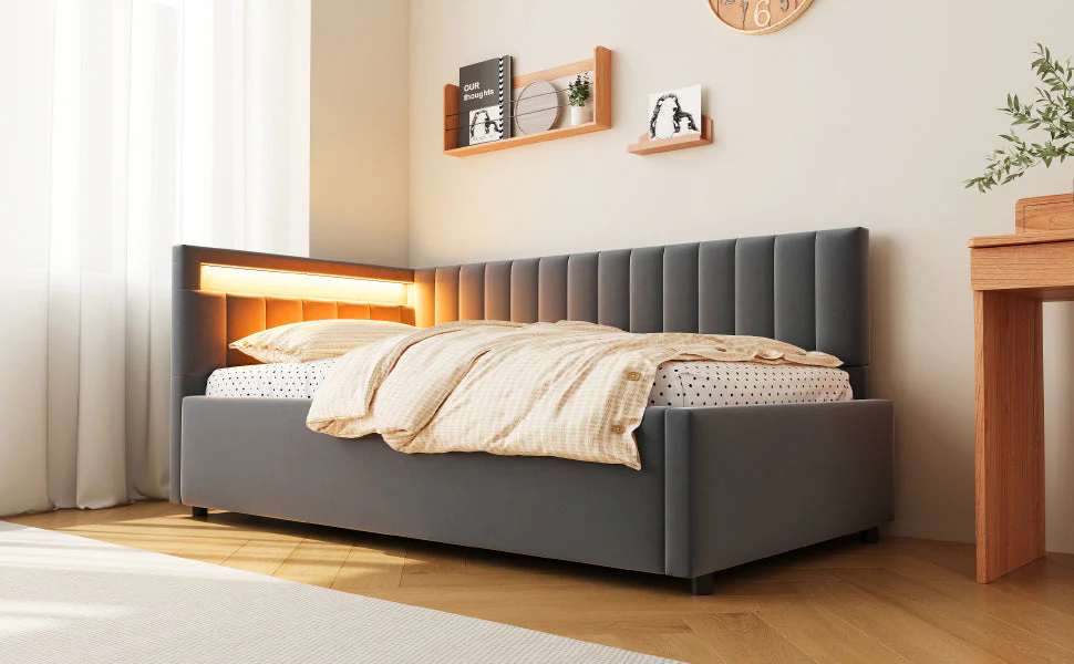 Upholstered Sofa Bed with LED Lighting and Hydraulic Storage, Velvet Beige/Gray - Image 9