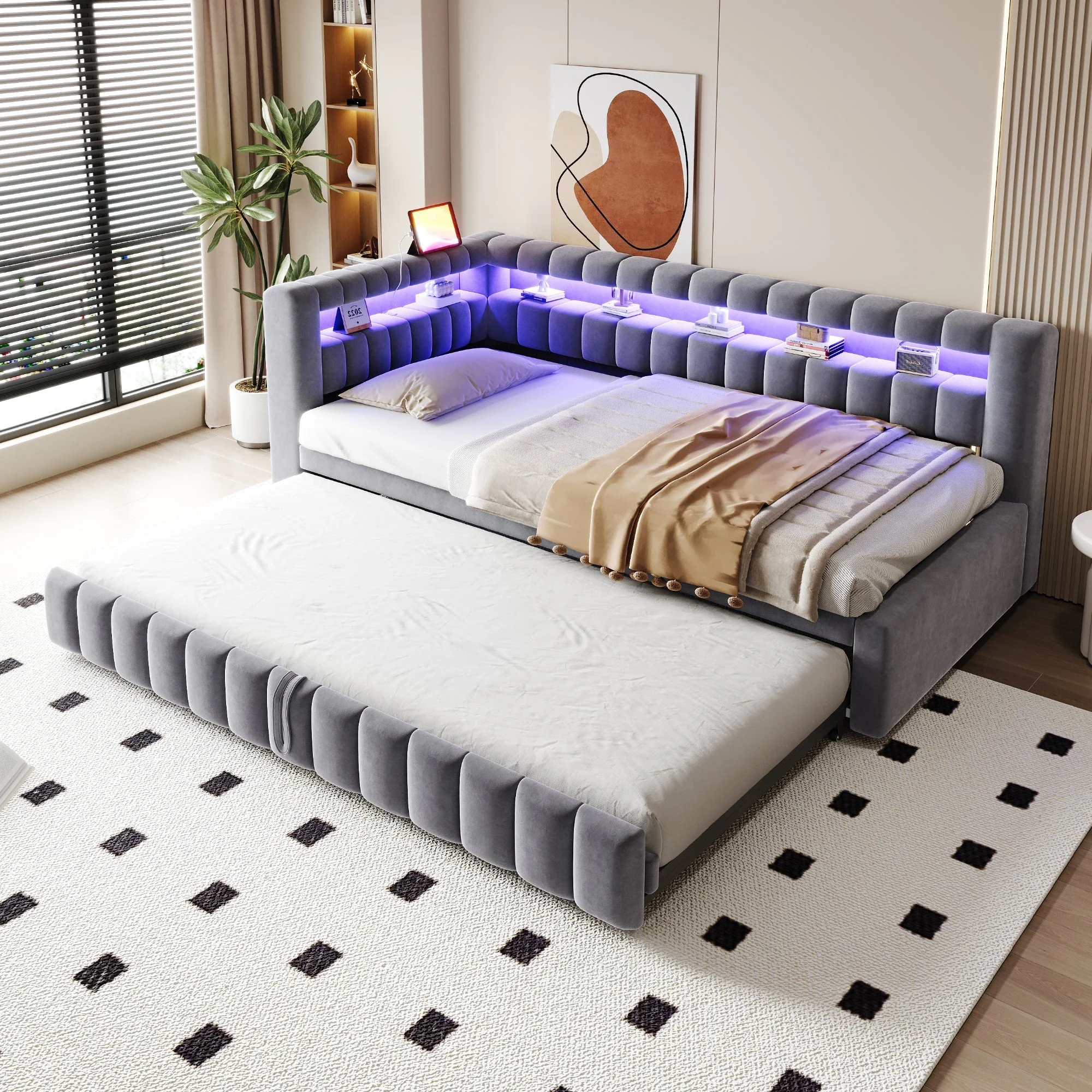 Upholstered Sofa Bed with LED Lighting and USB Charging, 90x200cm, Dark Grey Velvet - Image 2