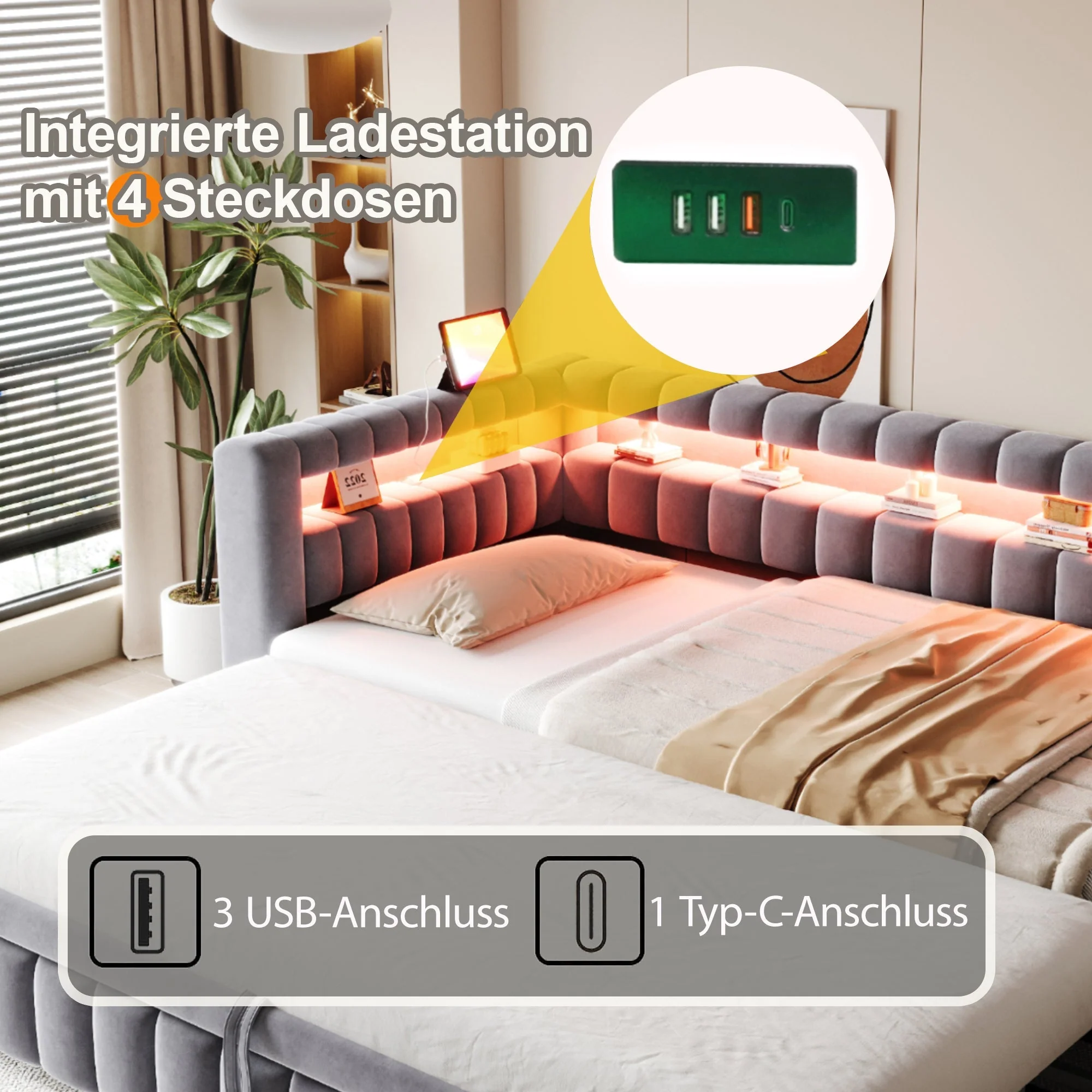 Upholstered Sofa Bed with LED Lighting and USB Charging, 90x200cm, Dark Grey Velvet - Image 3