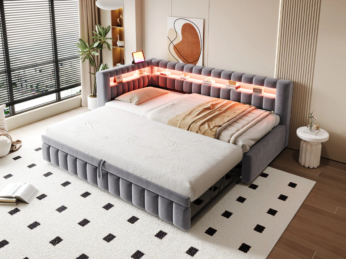 Upholstered Sofa Bed with LED Lighting and USB Charging, 90x200cm, Dark Grey Velvet - Image 8