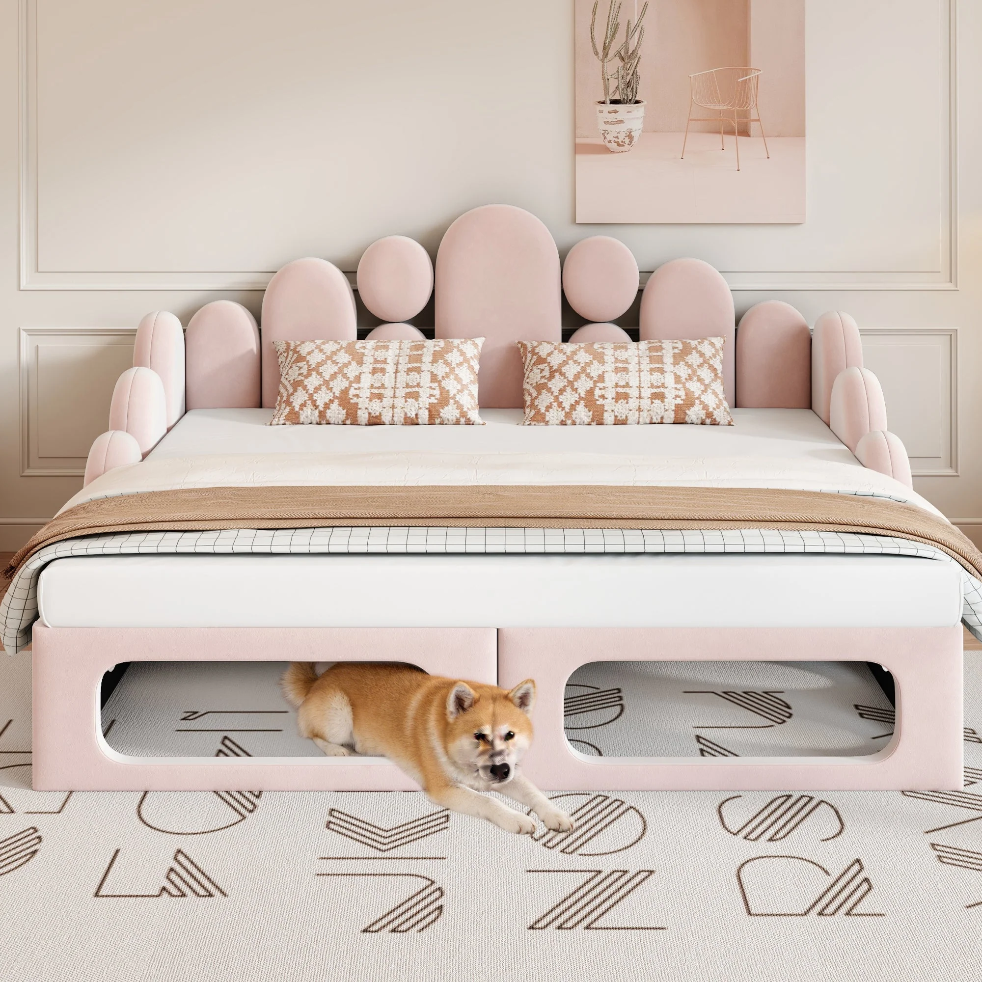 Upholstered Sofa Bed with Pet Bed and Backrest, 180x200cm, Pink Velvet - Image 2