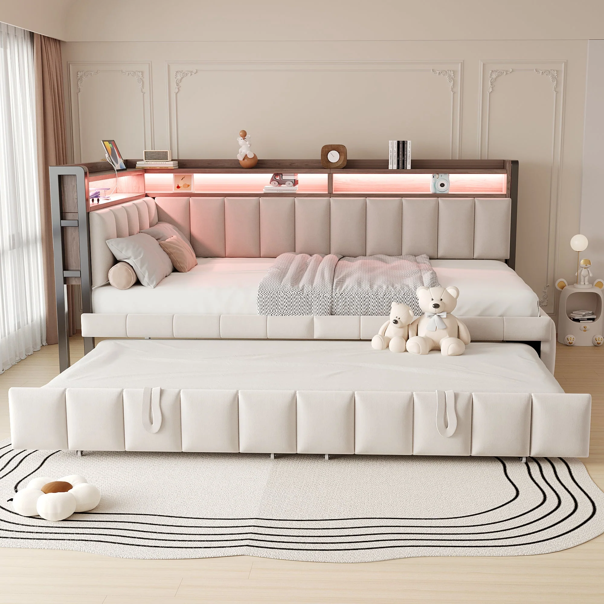 Upholstered Sofa Bed with Pull-out Bed, LED Lighting, Storage and USB Ports, 90x200cm, Beige Velvet - Image 5