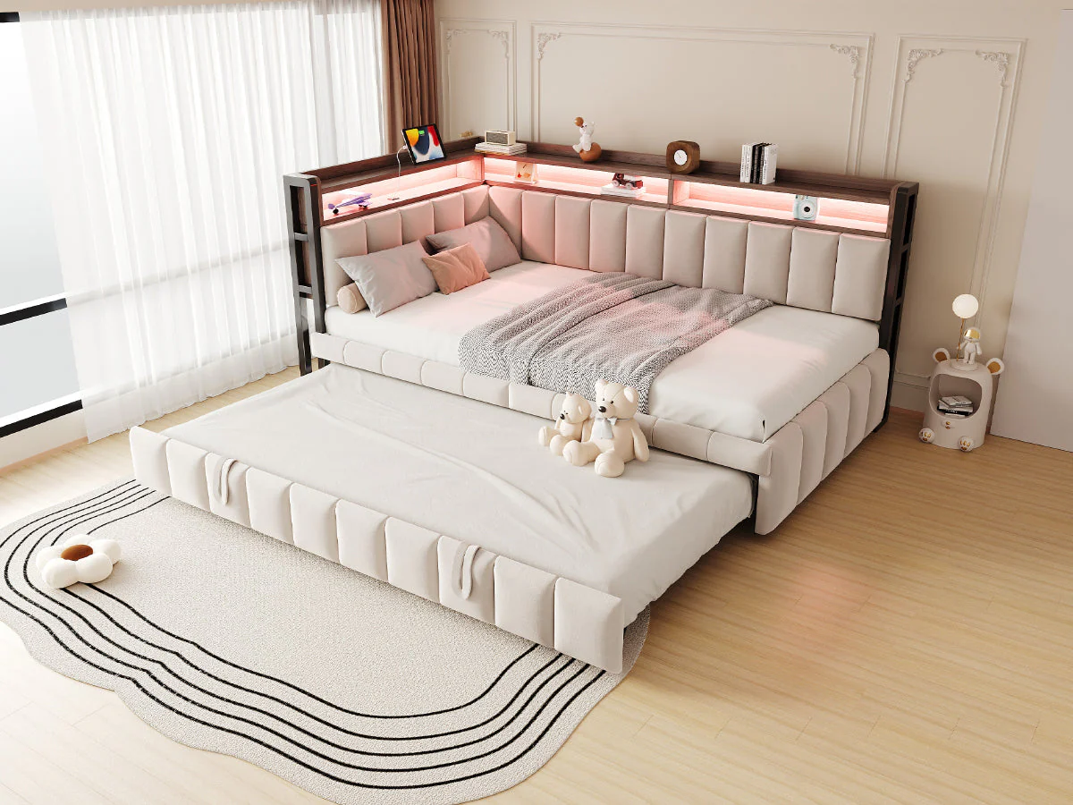 Upholstered Sofa Bed with Pull-out Bed, LED Lighting, Storage and USB Ports, 90x200cm, Beige Velvet - Image 8
