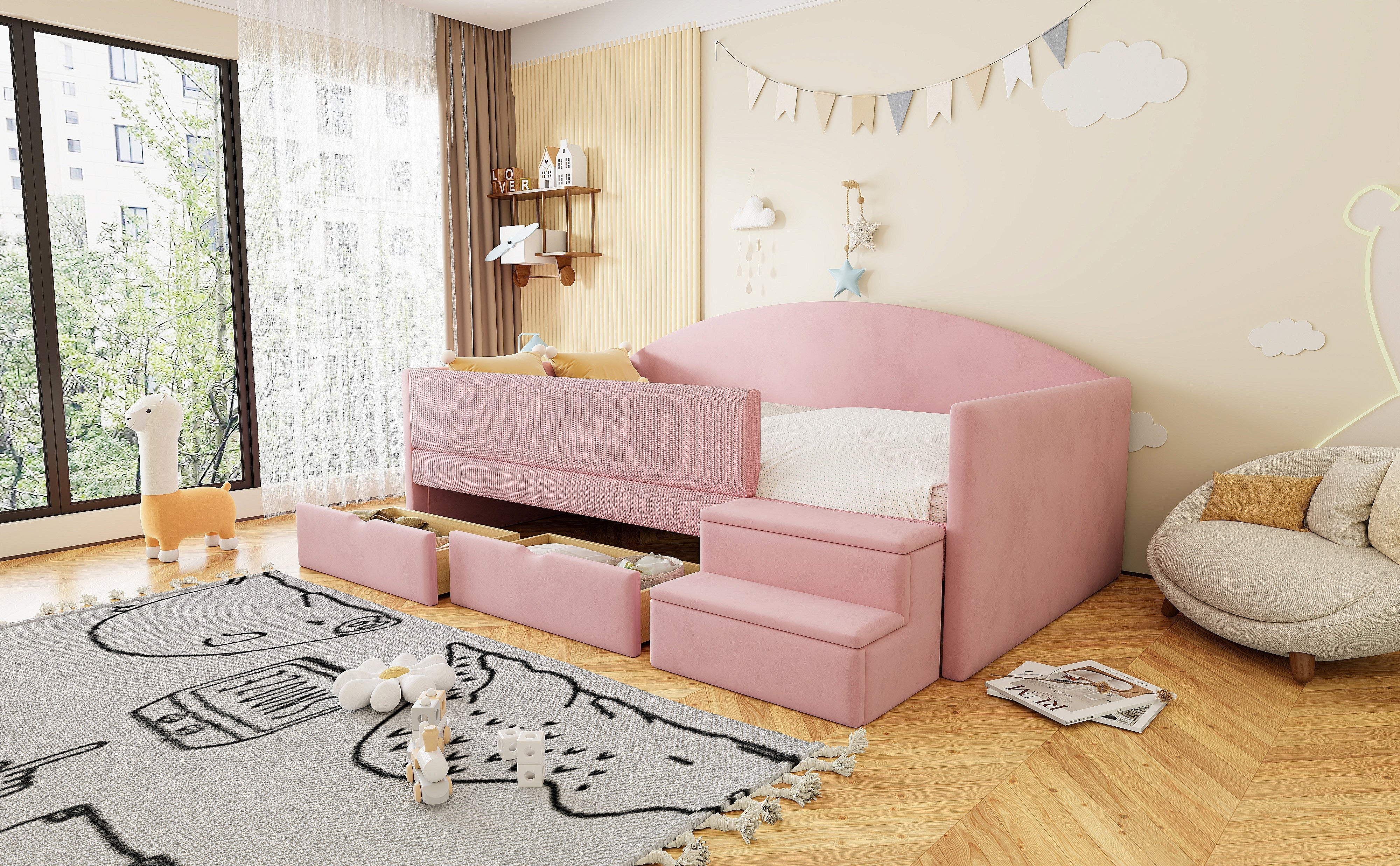 Upholstered Sofa Bed with Two Drawers, Railings and Steps, 90x190cm, Pink Velvet - Image 8