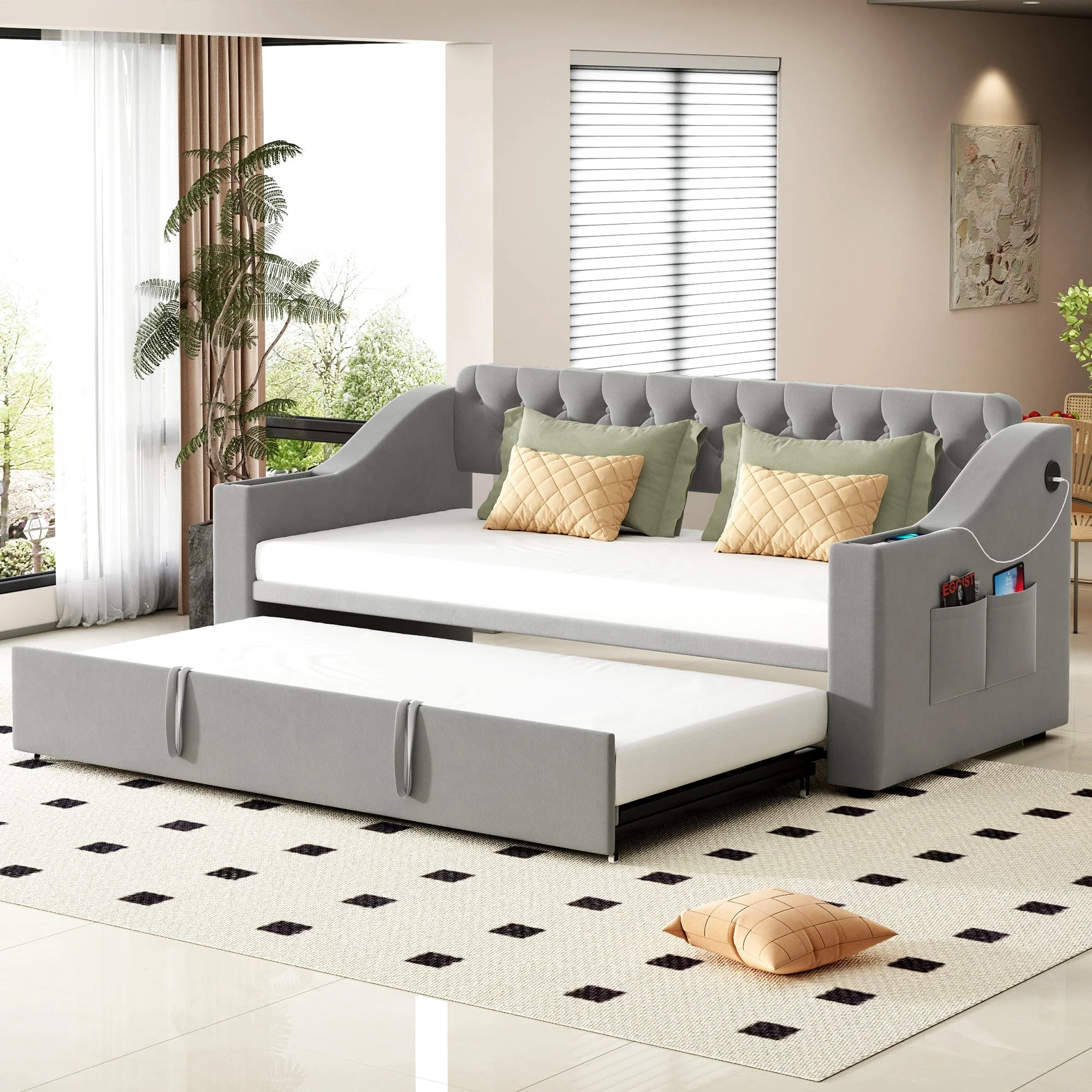 Upholstered Sofa Bed with USB Charging Port, Storage, Slatted Frame, Velvet Fabric, Grey - Image 3