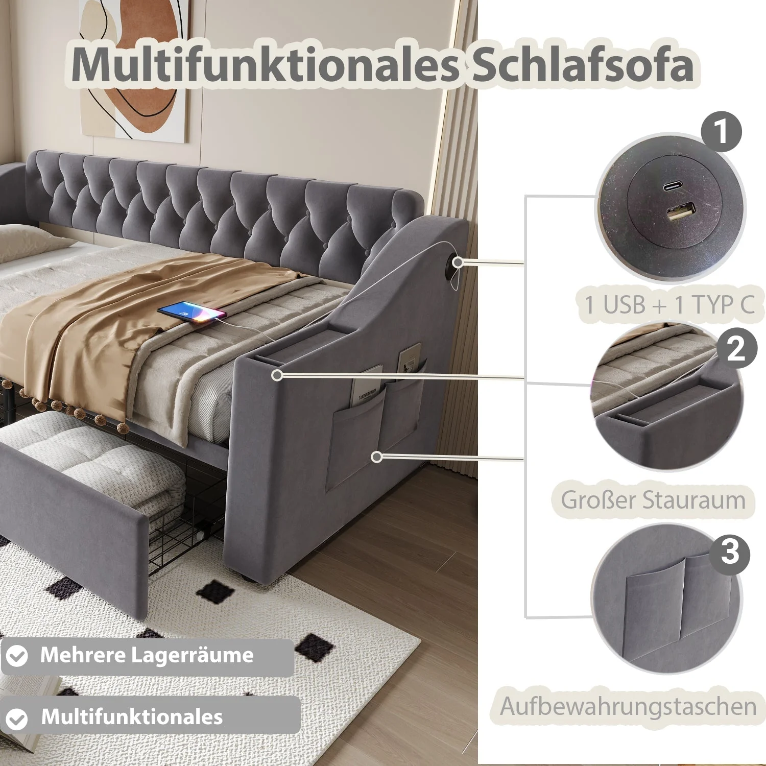 Upholstered Sofa Bed with USB Port and Storage Drawers, Dark Grey Velvet - Image 5