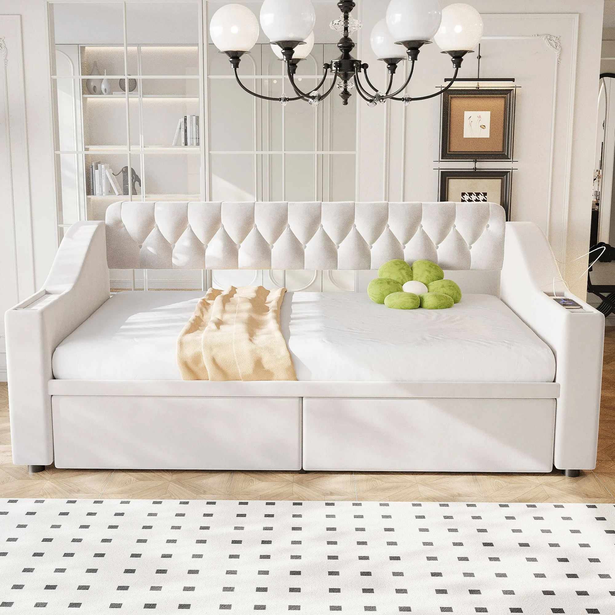 Upholstered Sofa Bed with USB Port, Storage Armrests and Drawer, Beige Velvet - Image 3