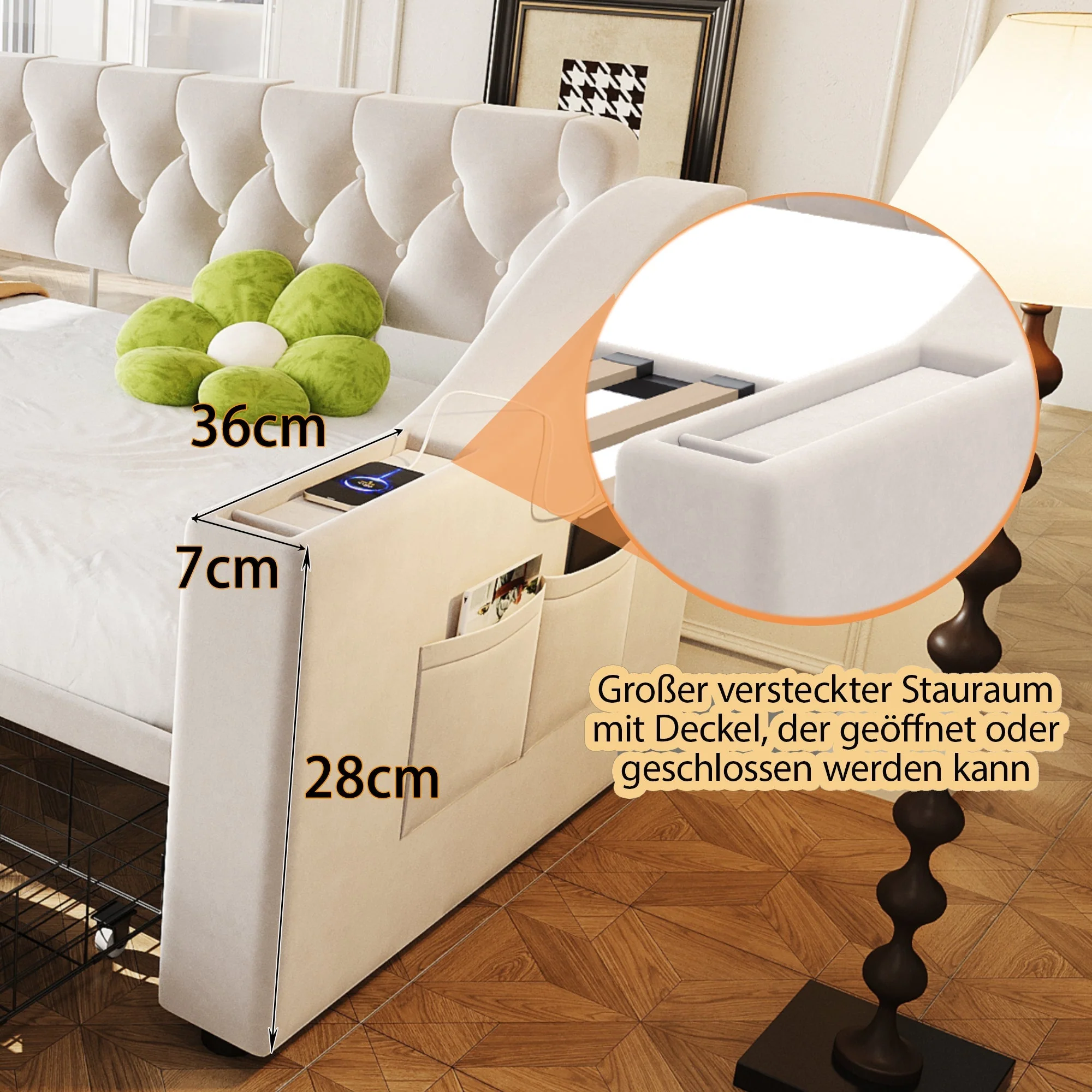 Upholstered Sofa Bed with USB Port, Storage Armrests and Drawer, Beige Velvet - Image 4