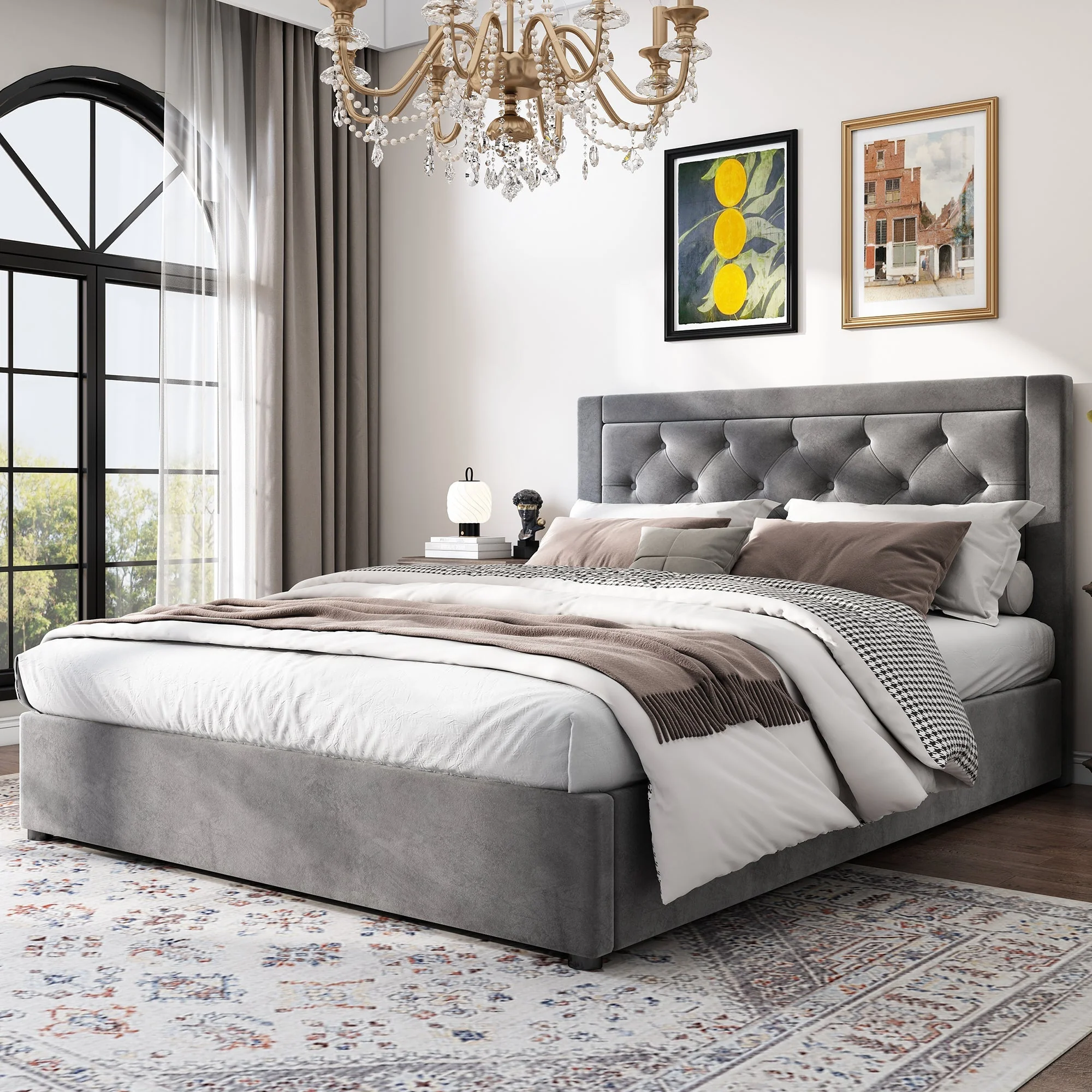 Upholstered Storage Bed with Chesterfield Headboard and Drawers, 140x200cm, Grey Velvet - Image 2