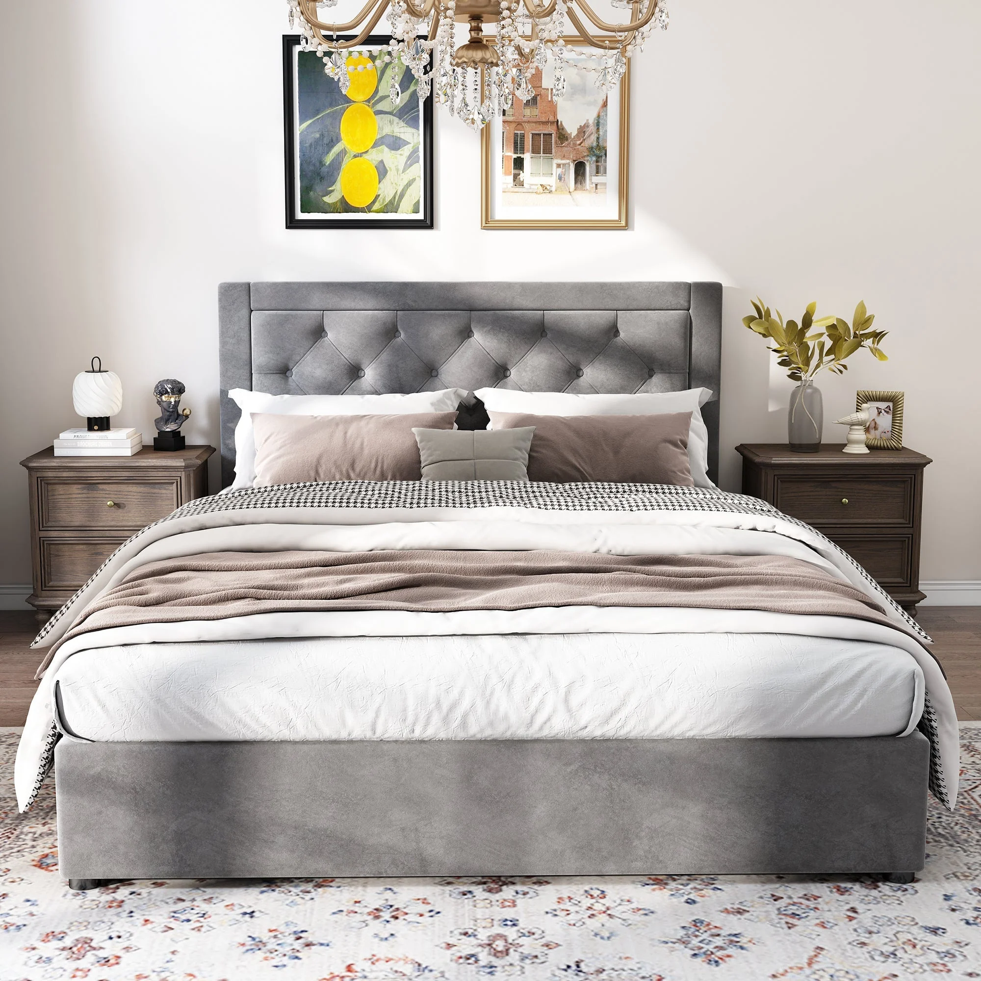 Upholstered Storage Bed with Chesterfield Headboard and Drawers, 140x200cm, Grey Velvet - Image 3