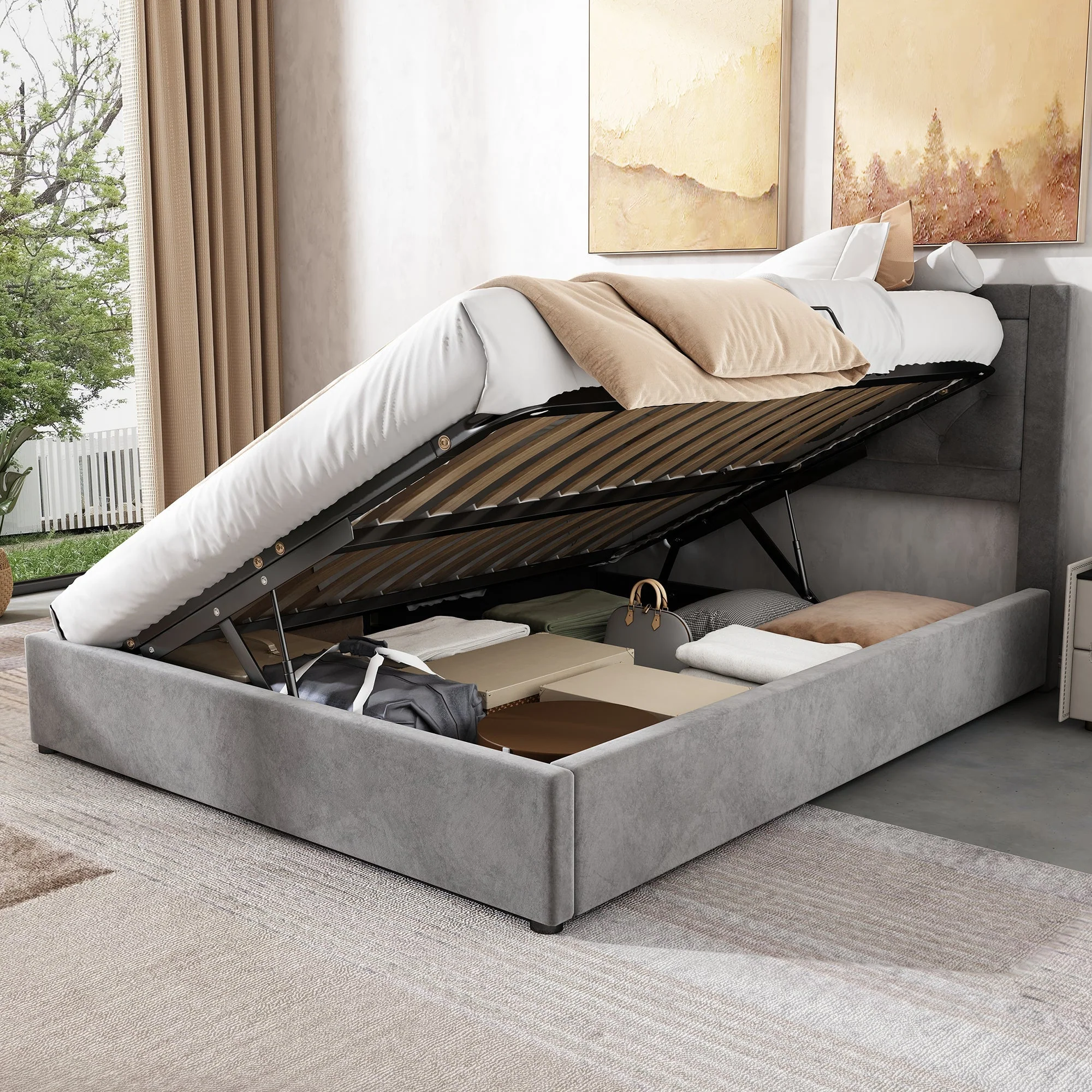 Upholstered Storage Bed with Chesterfield Headboard and Drawers, 140x200cm, Grey Velvet - Image 4