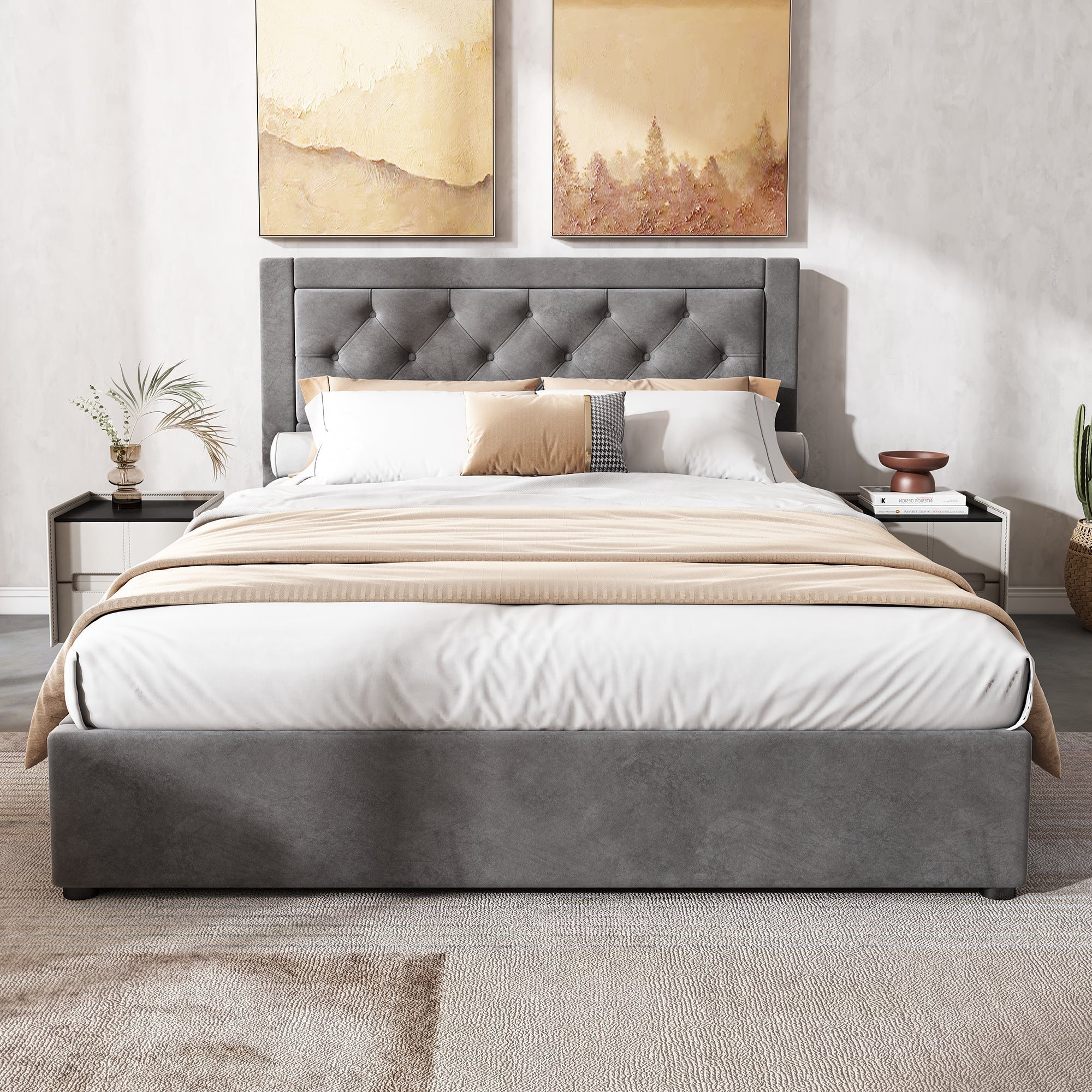 Upholstered Storage Bed with Chesterfield Headboard and Drawers, 140x200cm, Grey Velvet - Image 5