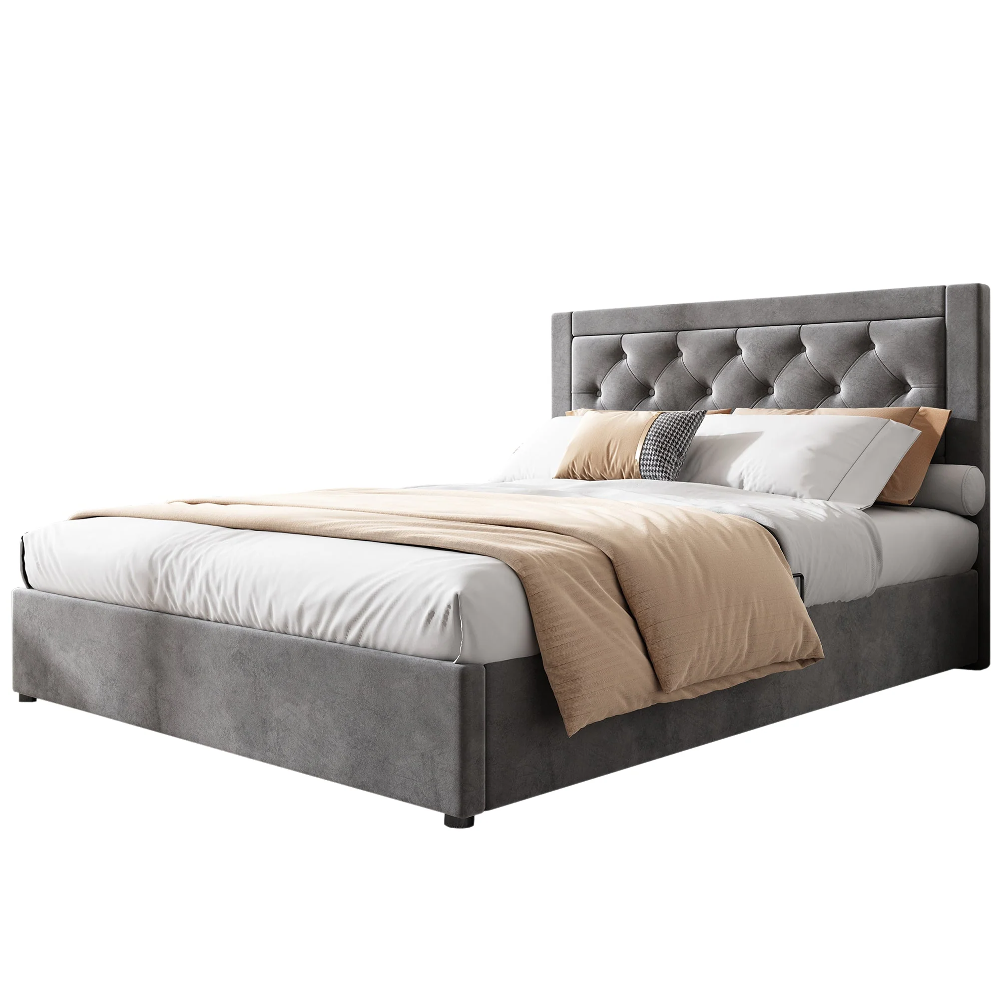 Upholstered Storage Bed with Chesterfield Headboard and Drawers, 140x200cm, Grey Velvet - Image 7