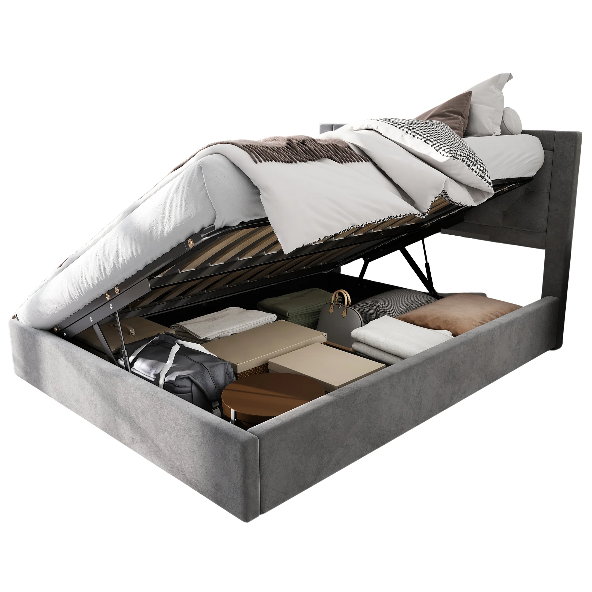 Upholstered Storage Bed with Chesterfield Headboard and Drawers, 140x200cm, Grey Velvet - Image 8