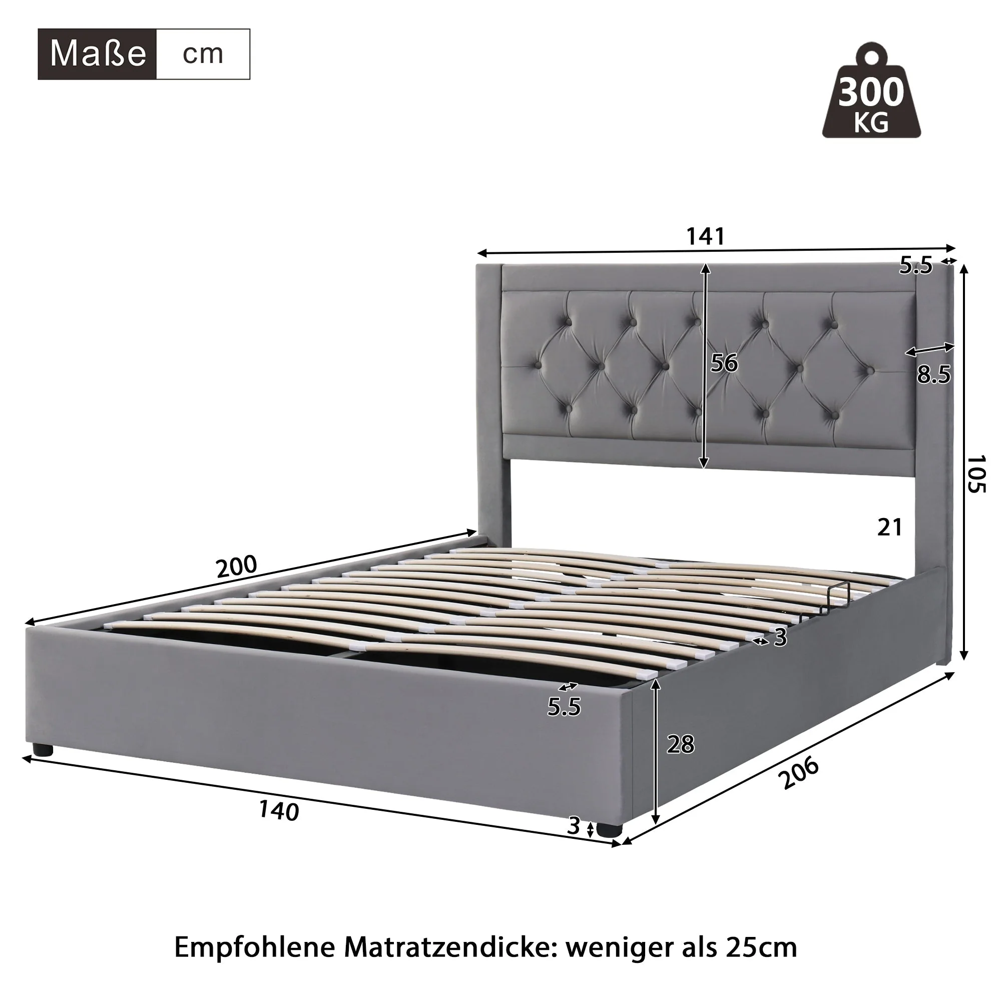 Upholstered Storage Bed with Chesterfield Headboard and Drawers, 140x200cm, Grey Velvet - Image 9