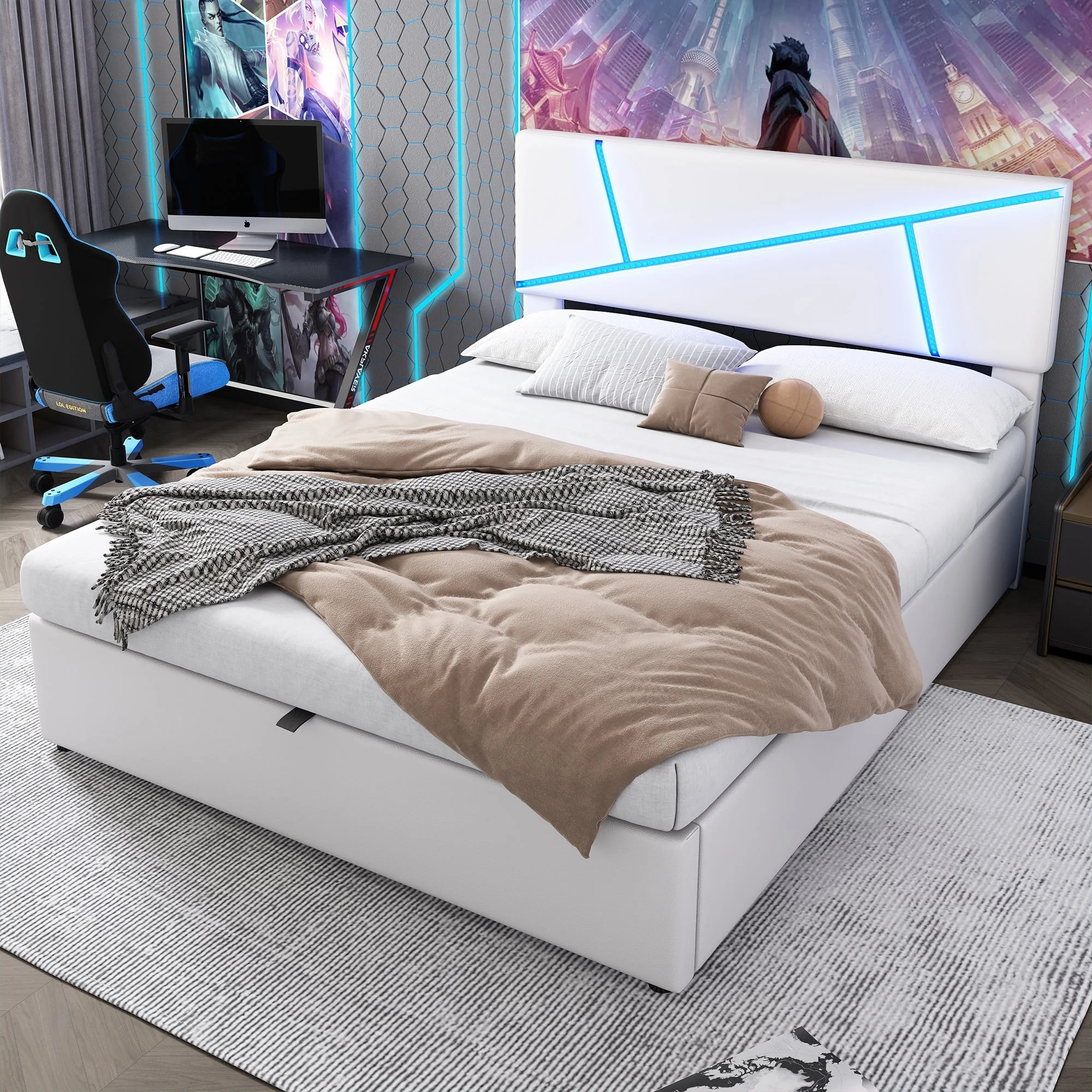 Upholstered Storage Bed with LED Lights and Hydraulic Lift, 160x200cm, White Synthetic Leather - Image 6
