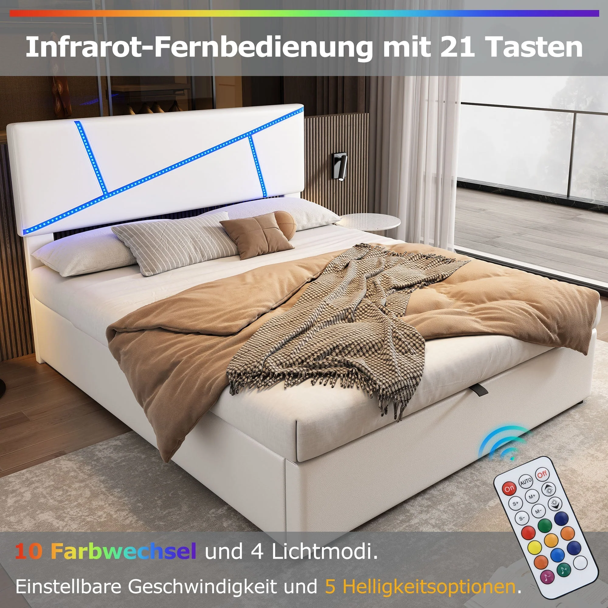 Upholstered Storage Bed with LED Lights and Hydraulic Lift, 160x200cm, White Synthetic Leather - Image 8