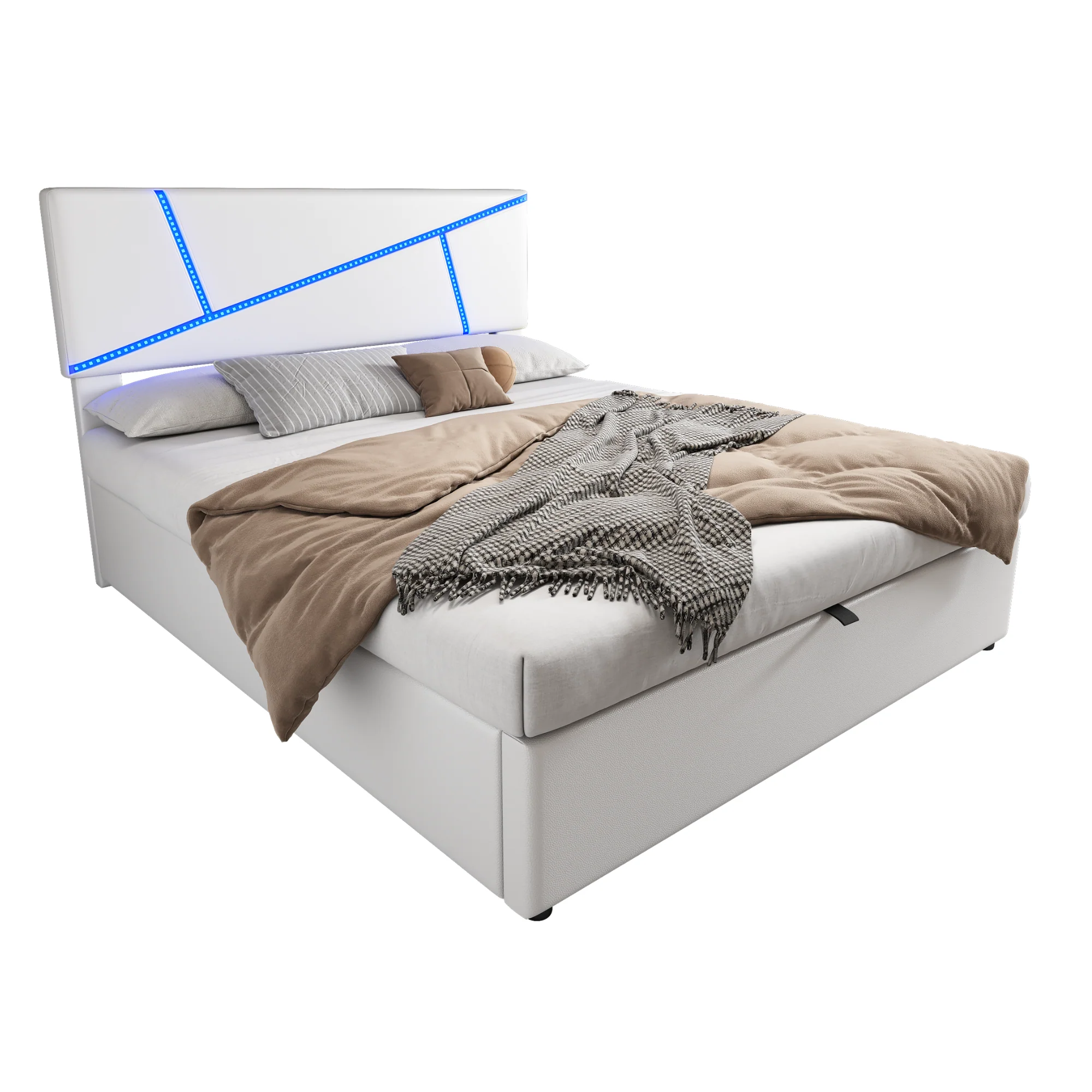 Upholstered Storage Bed with LED Lights and Hydraulic Lift, 160x200cm, White Synthetic Leather - Image 9