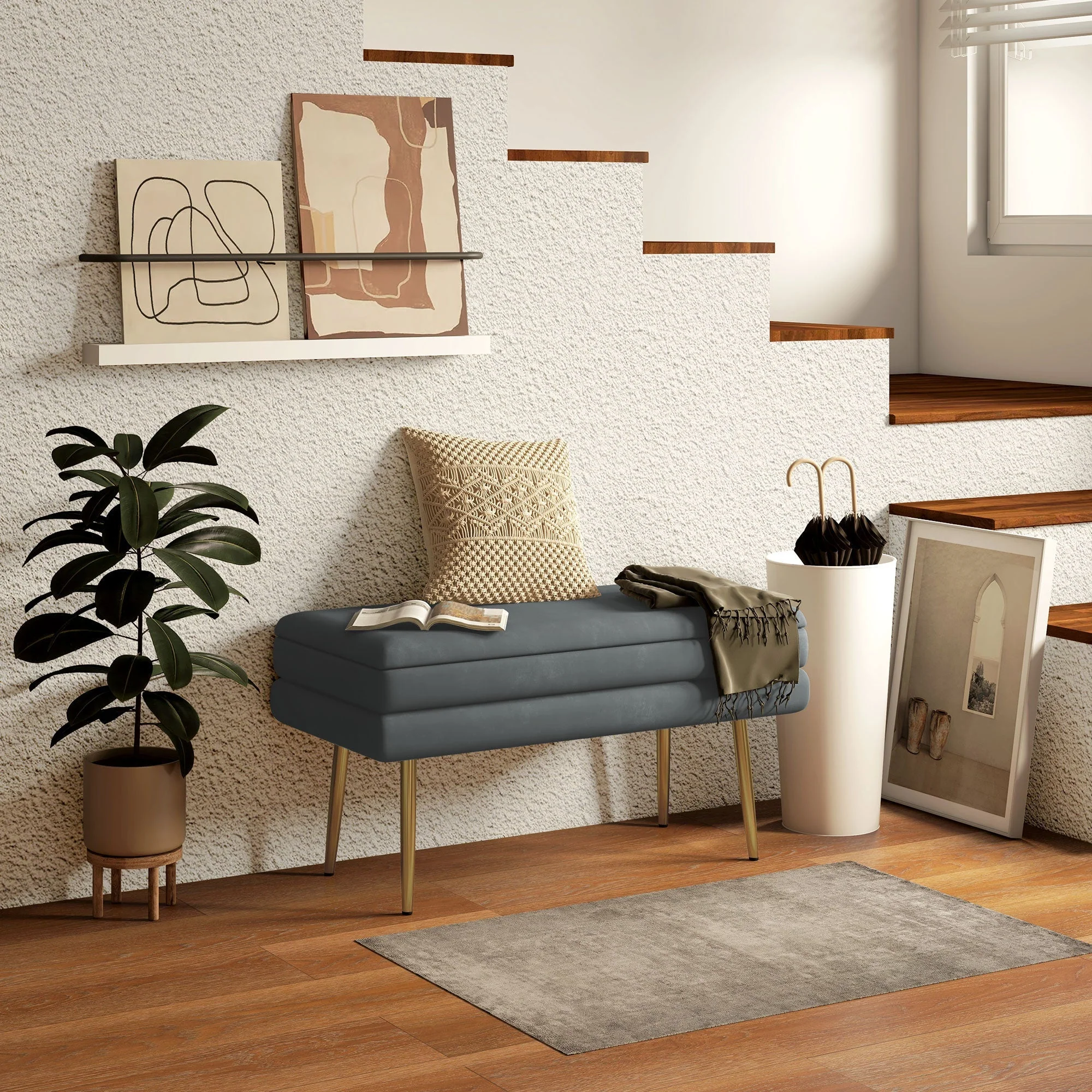 Upholstered Storage Bench, Bed/Shoe Bench Steel Legs, 79.5x37.5x43cm, Grey Velvet