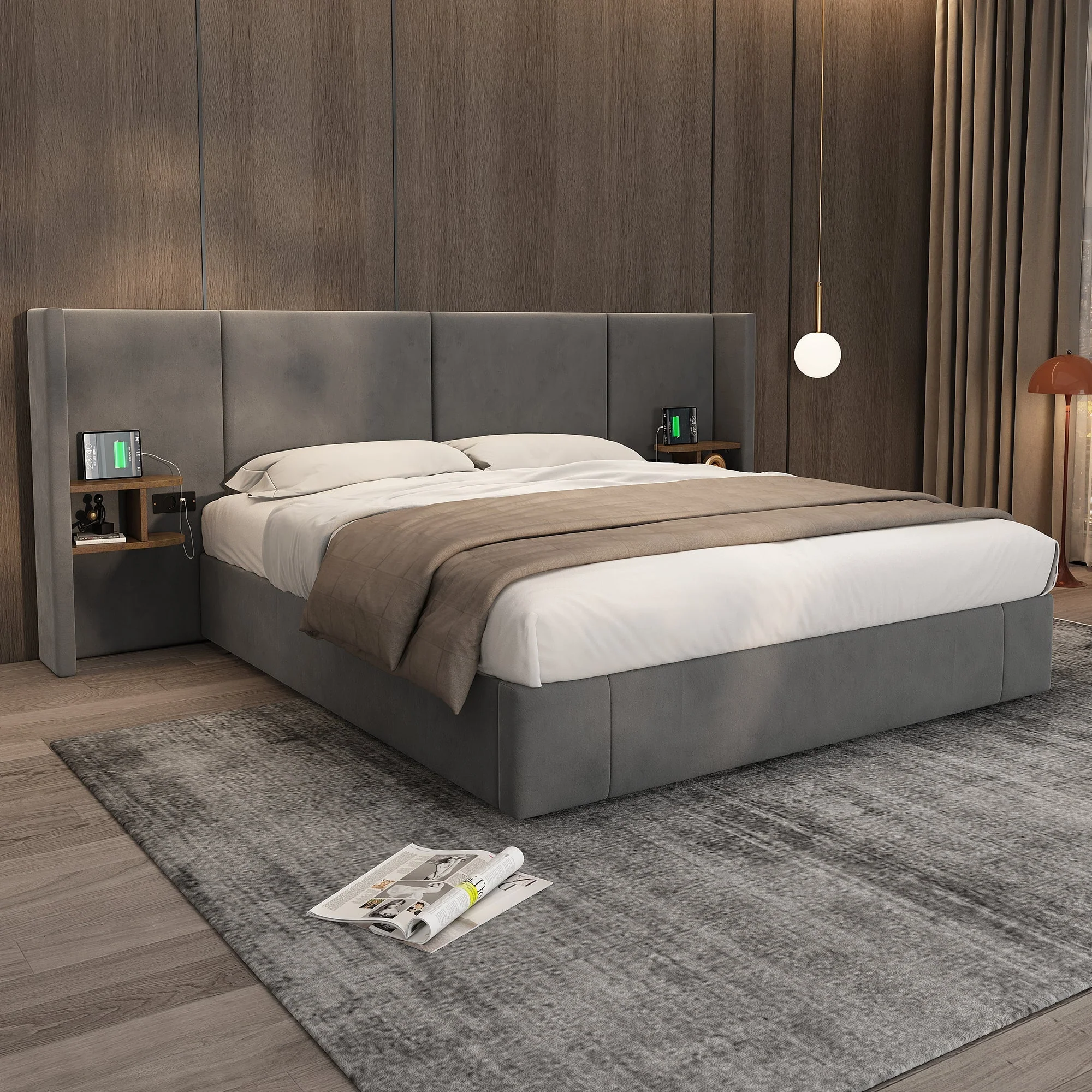 Upholstered Super King Size Bed 6ft (180*200cm) with Ottoman Lift Up, USB Connection, Sockets, and Two Bedside Tables, Velvet, Grey - Image 3