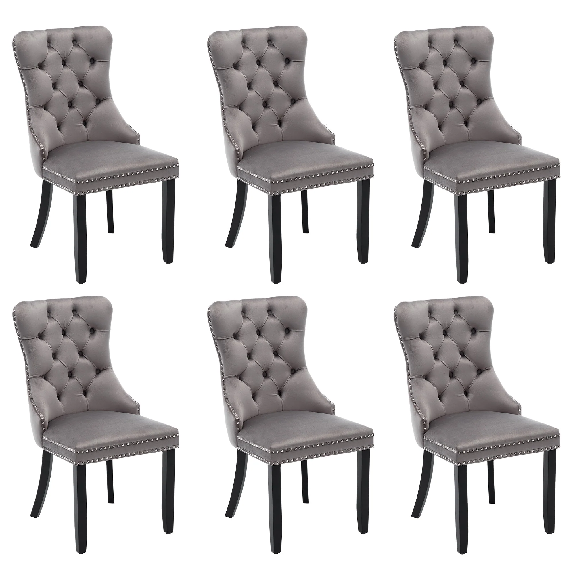 Upholstered Velvet Dining Chairs, Button Tufted with Solid Wood Legs, Riveted Trim & Knocker Ring, Set of 6, Grey - Image 2