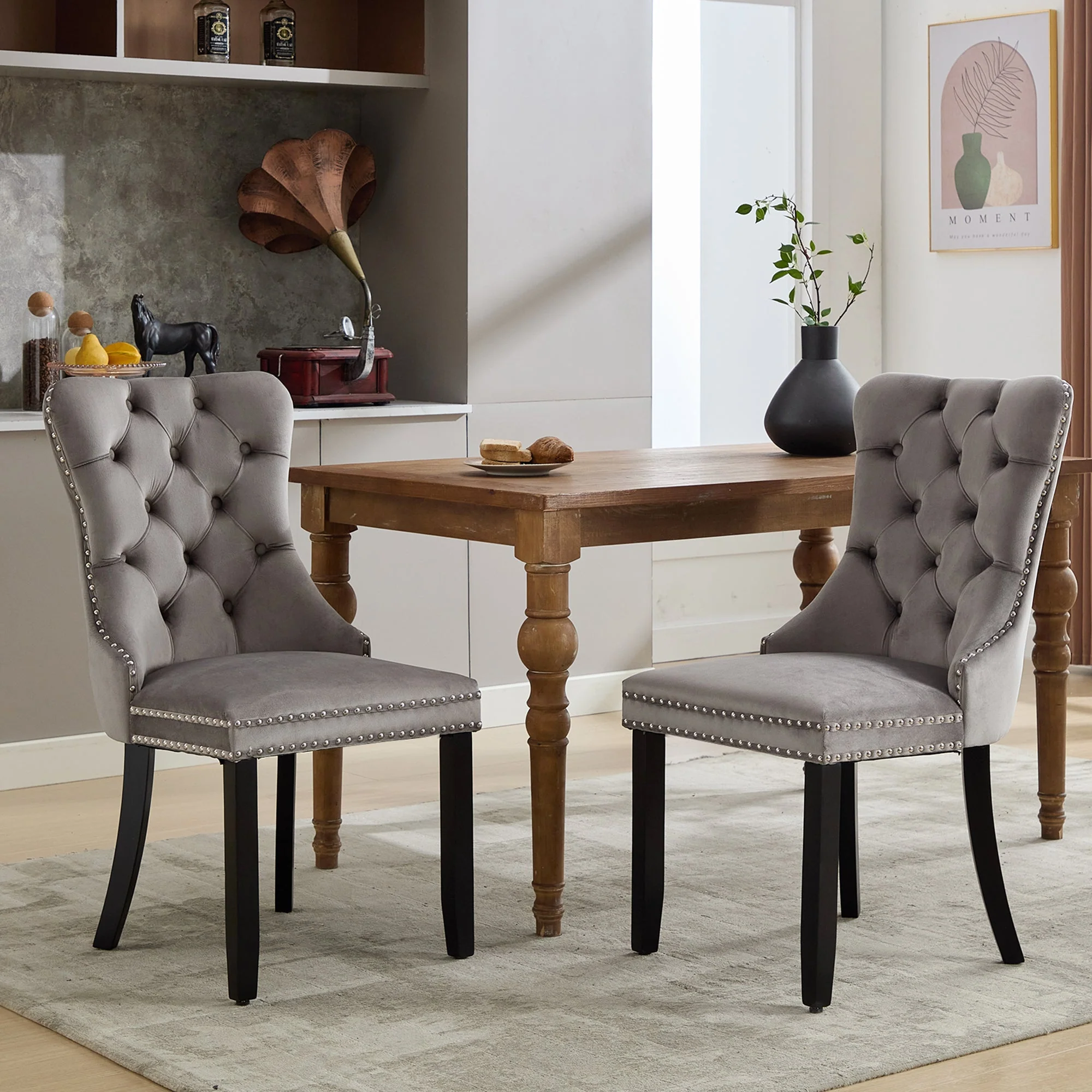 Upholstered Velvet Dining Chairs, Button Tufted with Solid Wood Legs, Riveted Trim & Knocker Ring, Set of 6, Grey - Image 3