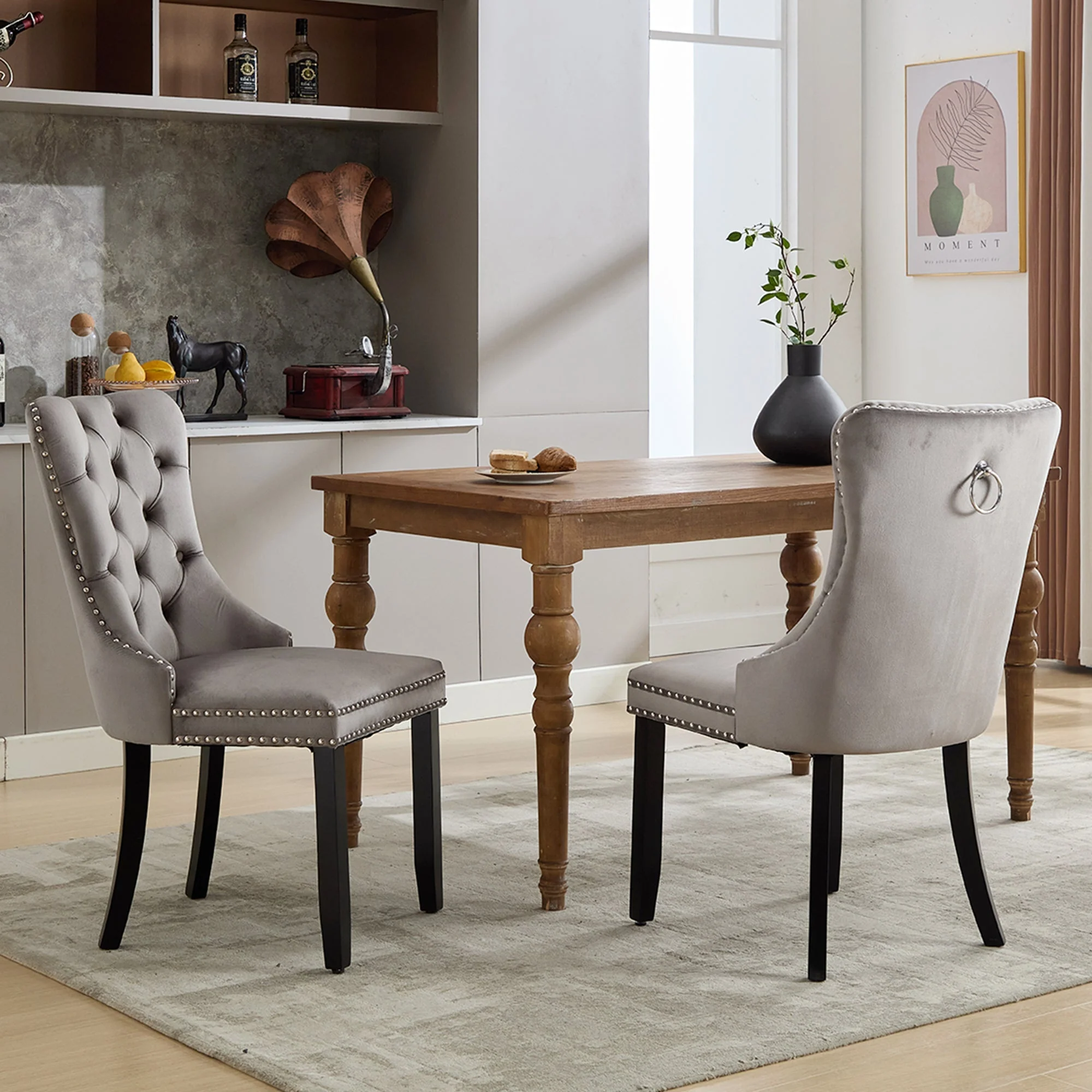 Upholstered Velvet Dining Chairs, Button Tufted with Solid Wood Legs, Riveted Trim & Knocker Ring, Set of 6, Grey - Image 4