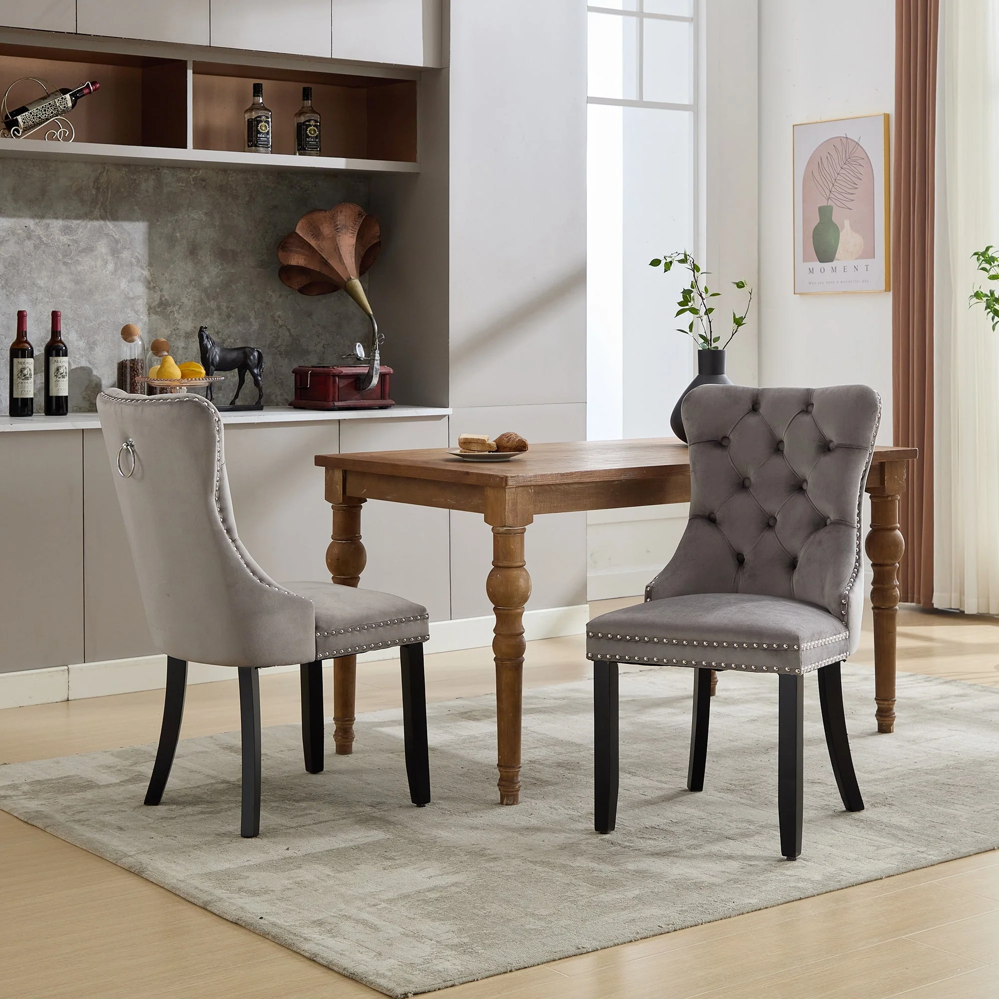 Upholstered Velvet Dining Chairs, Button Tufted with Solid Wood Legs, Riveted Trim & Knocker Ring, Set of 6, Grey - Image 5