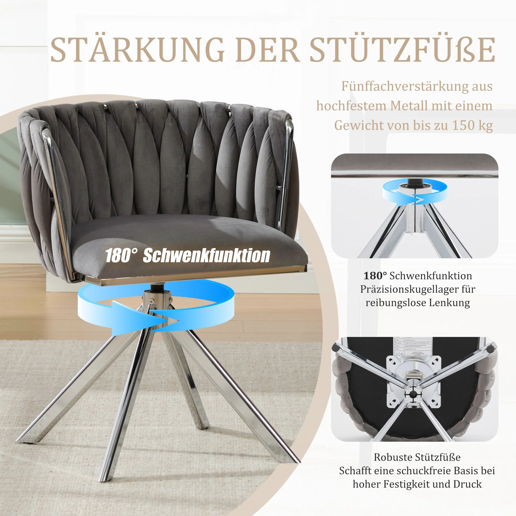 Velour Armchair, 180° Swivel, Ergonomic, Heavy-Duty Metal Frame - Image 3