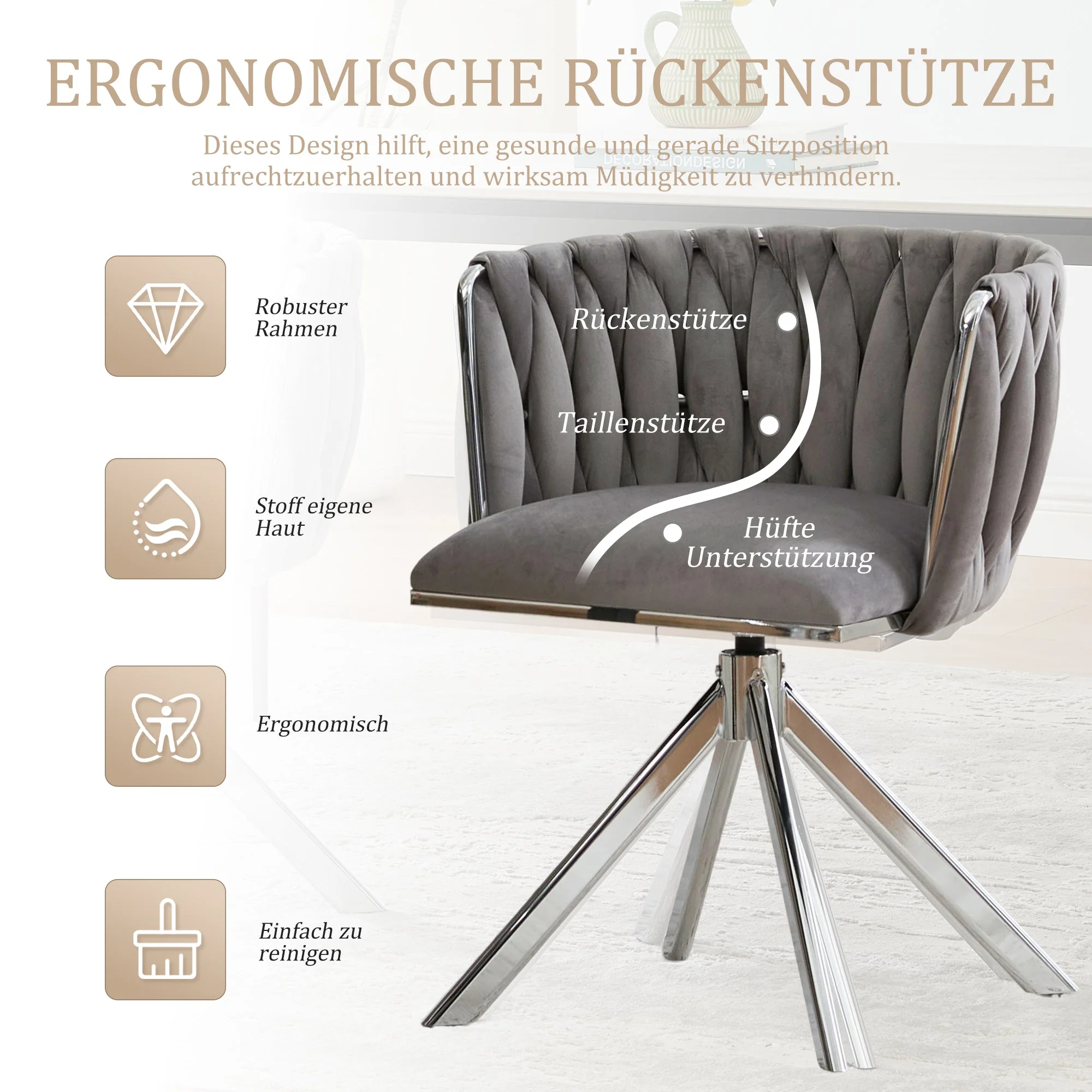 Velour Armchair, 180° Swivel, Ergonomic, Heavy-Duty Metal Frame - Image 4