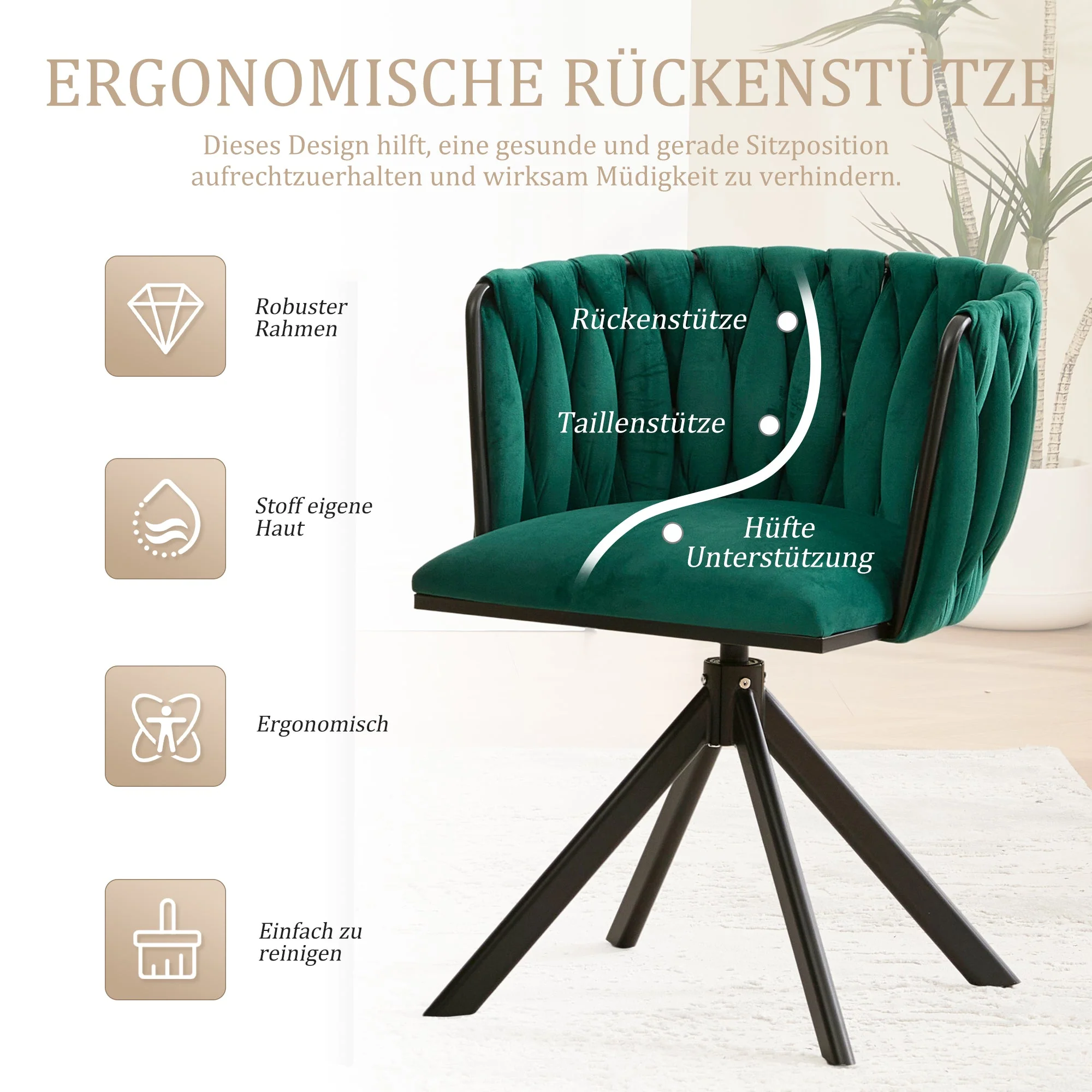 Velour Armchair, Heavy-Duty Metal Frame, 180° Swivel, Ergonomic, Velvety - Image 4